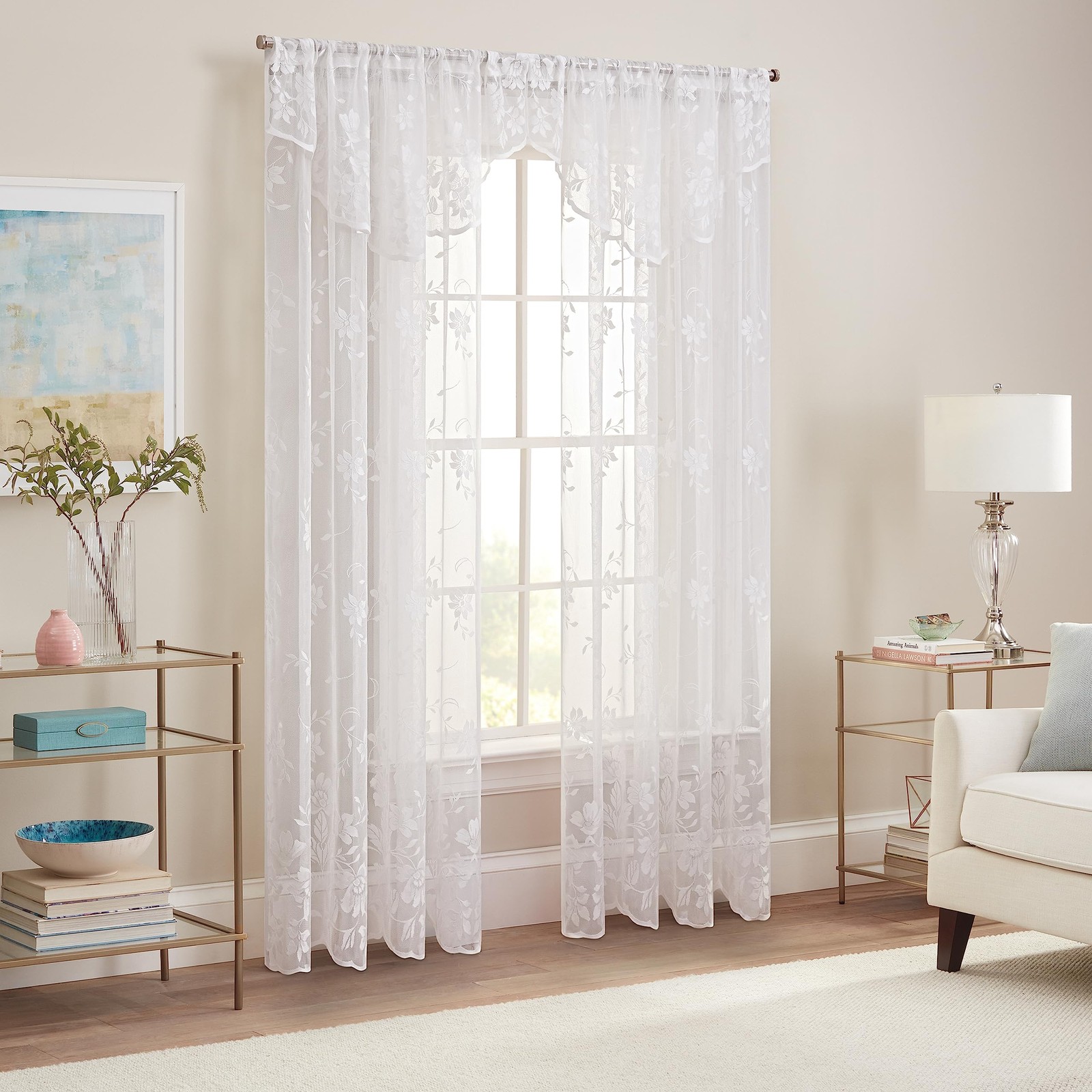 Sherry Lace Lightweight Elegant Floral Sheer Rod Pocket 54 in x 63 in White