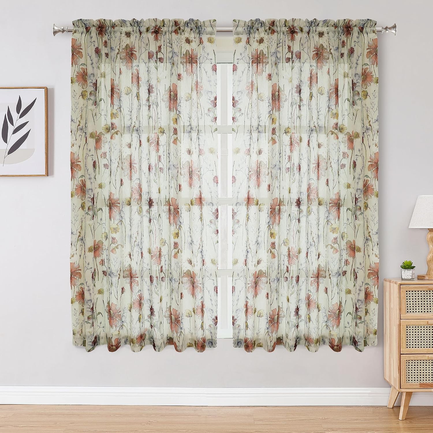 Multi Color Crushed Velvet Sheer Floral Curtain Panels 42×63 Inches 2 Pack