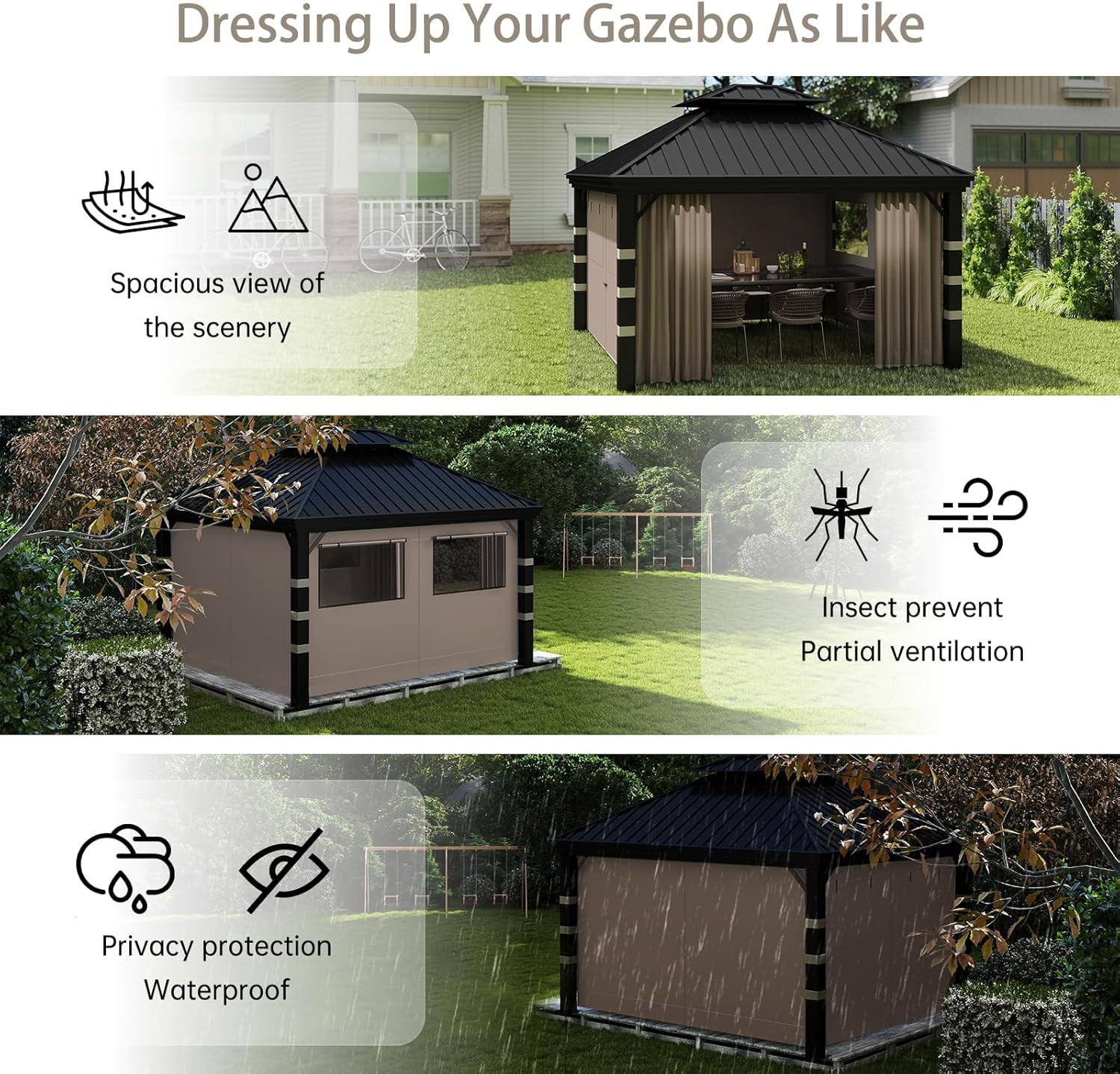 Waterproof 10’x12′ Gazebo Curtains with Net Windows & Zipper – Brown