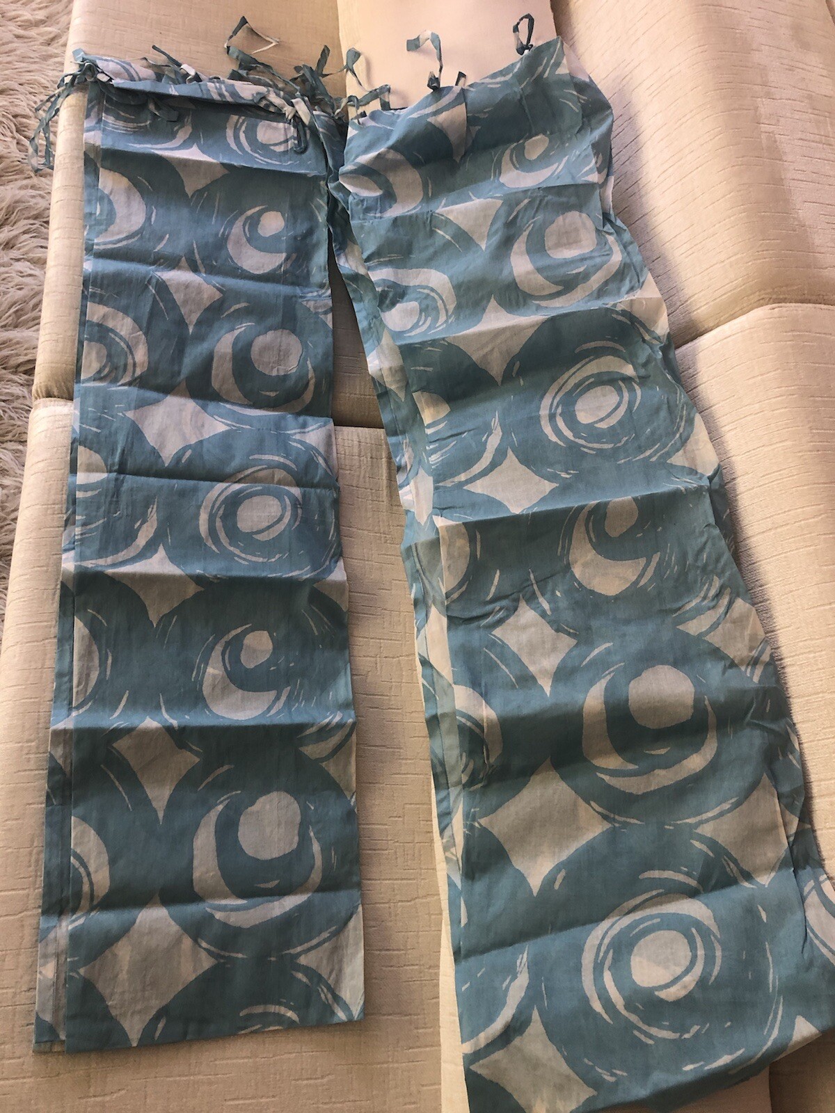 Pair Blue White Swirly Sheers POTTERY BARN Teen Tie Top Cotton Panels 48×96 NWOT