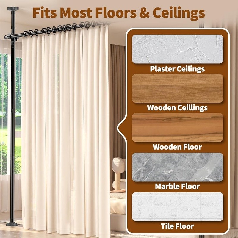 Adjustable No Drill Room Divider Curtain Rod Tension Mounted Strong Load-bearing