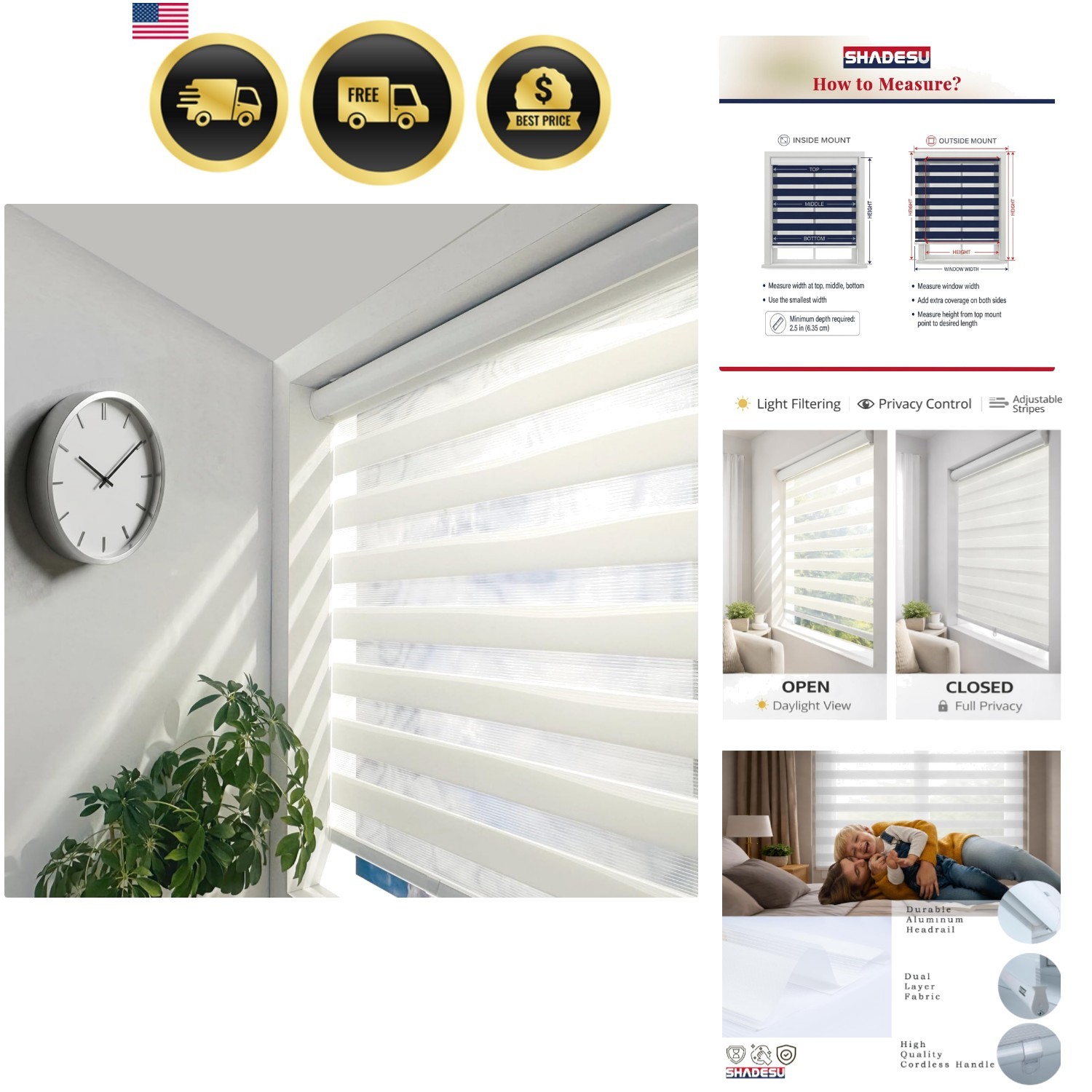 Cordless Zebra Blinds – Light Filtering Dual-Layer Window Shades for Privacy …