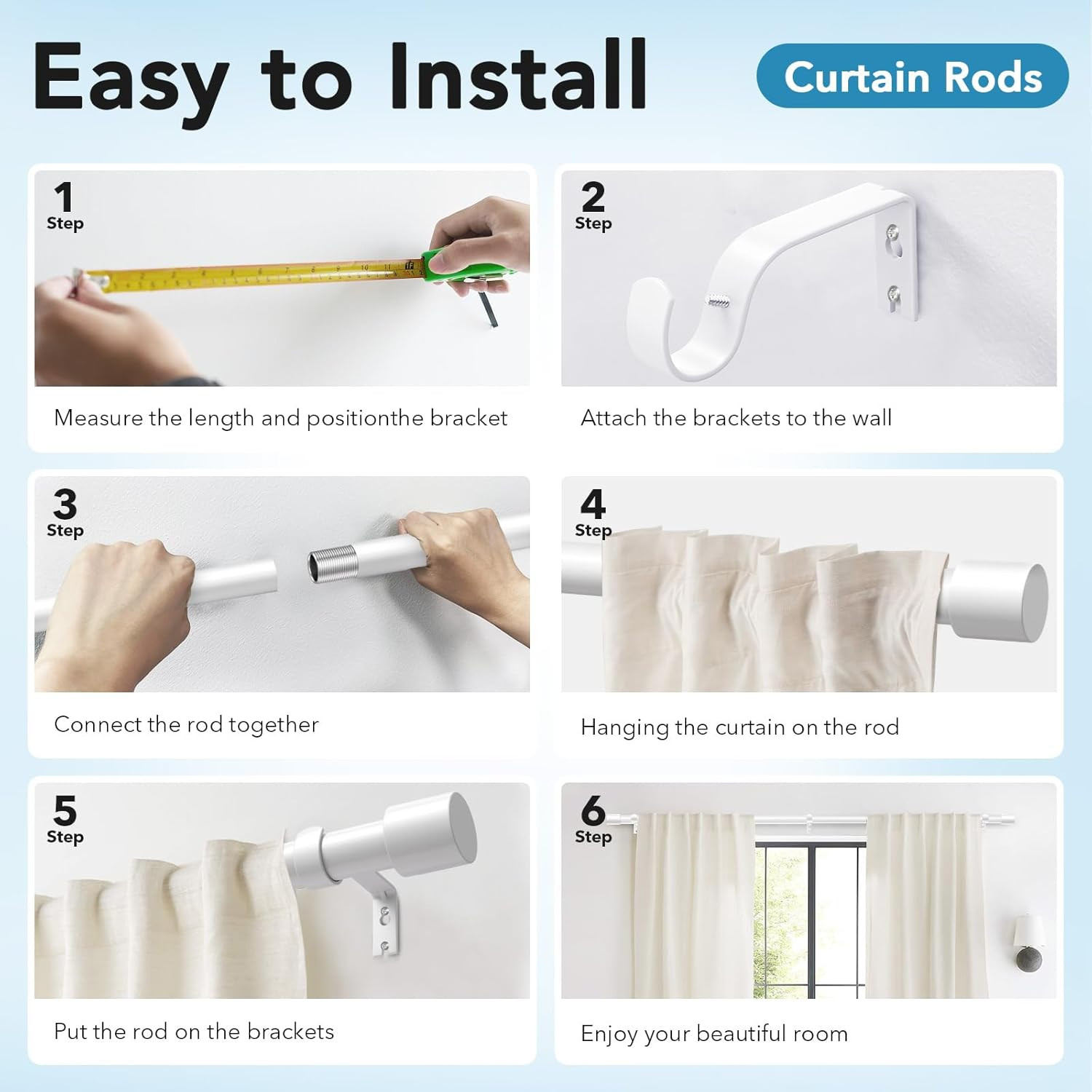 2 Pack Curtain Rod w/Star for Window size up to 178″ Wide Heavy Duty 1″ dia tube