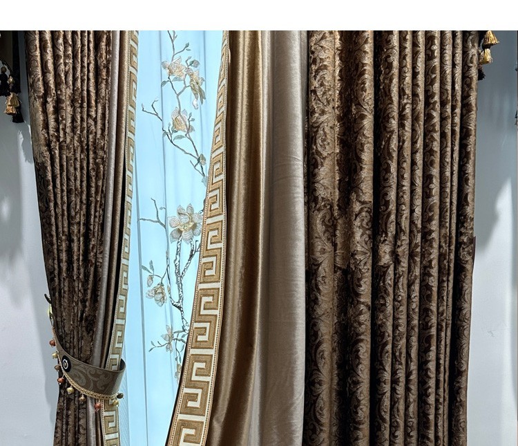 luxury European Embroidery valance shade coffee Velvet curtain tulle M1802