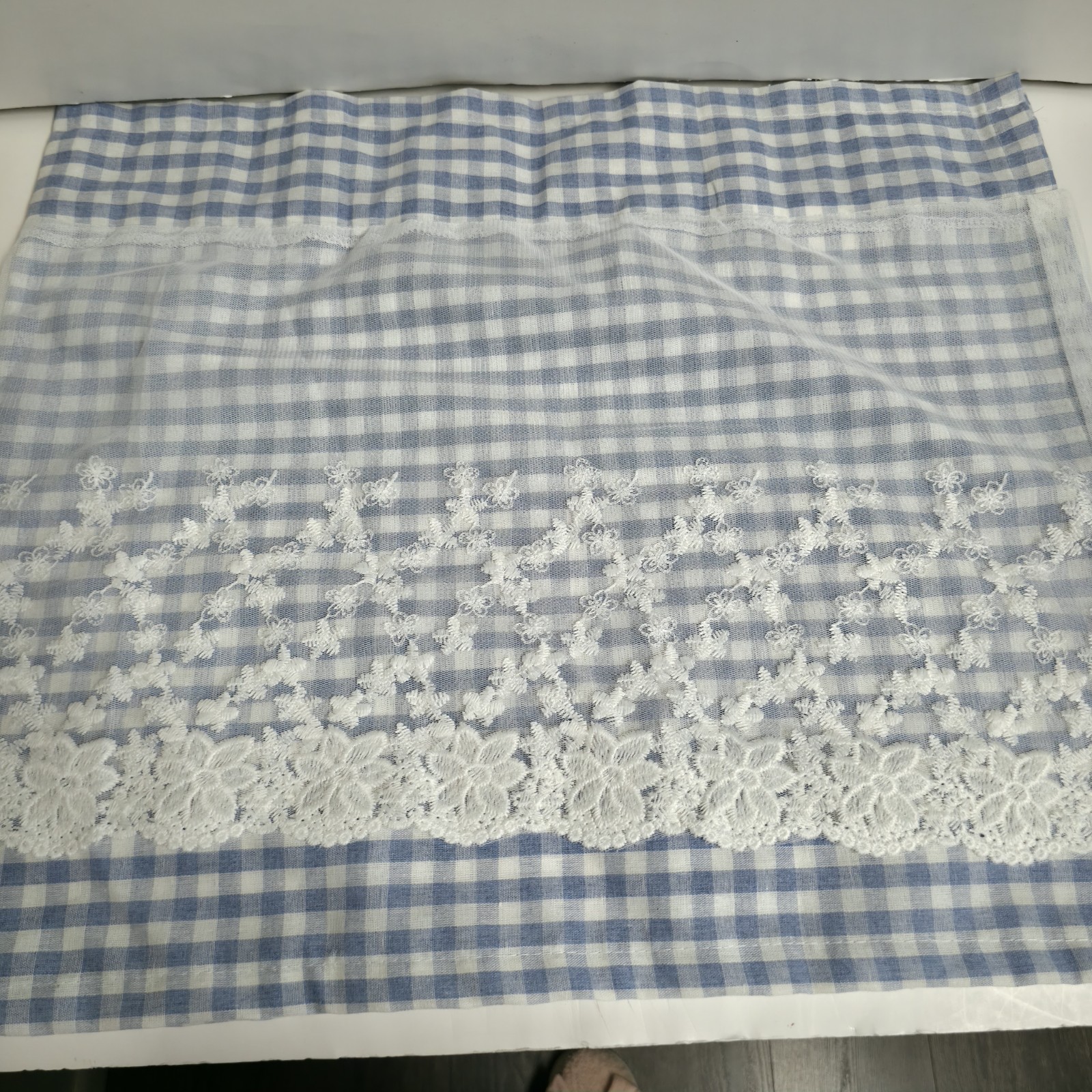 Blue White Gingham Check Cafe Curtain Floral Lace Farmhouse Kitchen Tier 42 X 17