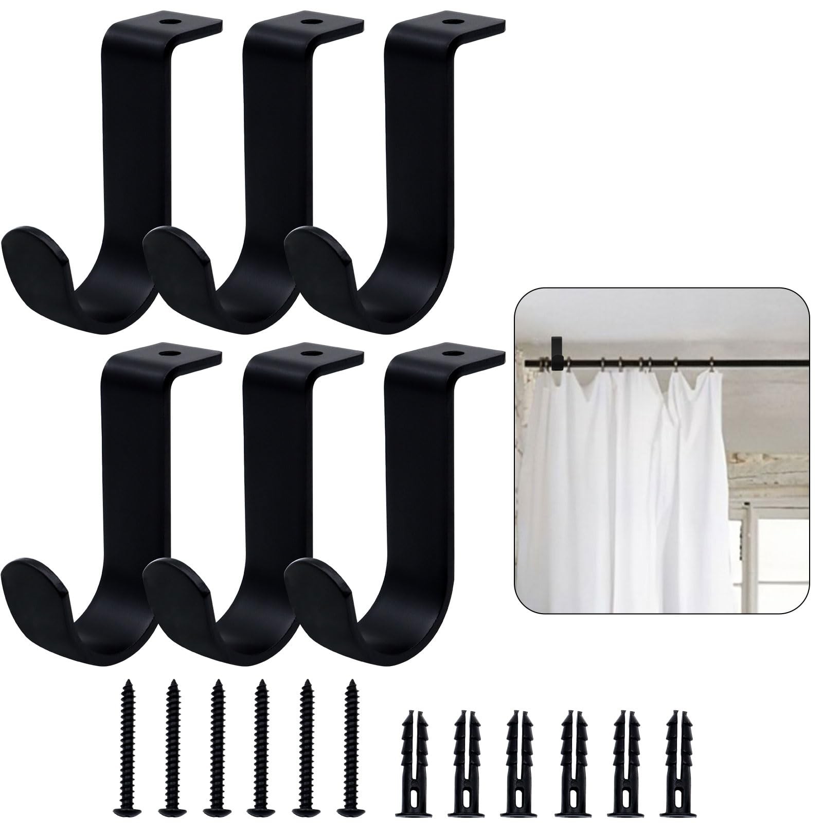 Black Ceiling Mount Curtain Rod Brackets Metal Holder Sturdy Hooks 6 PCS