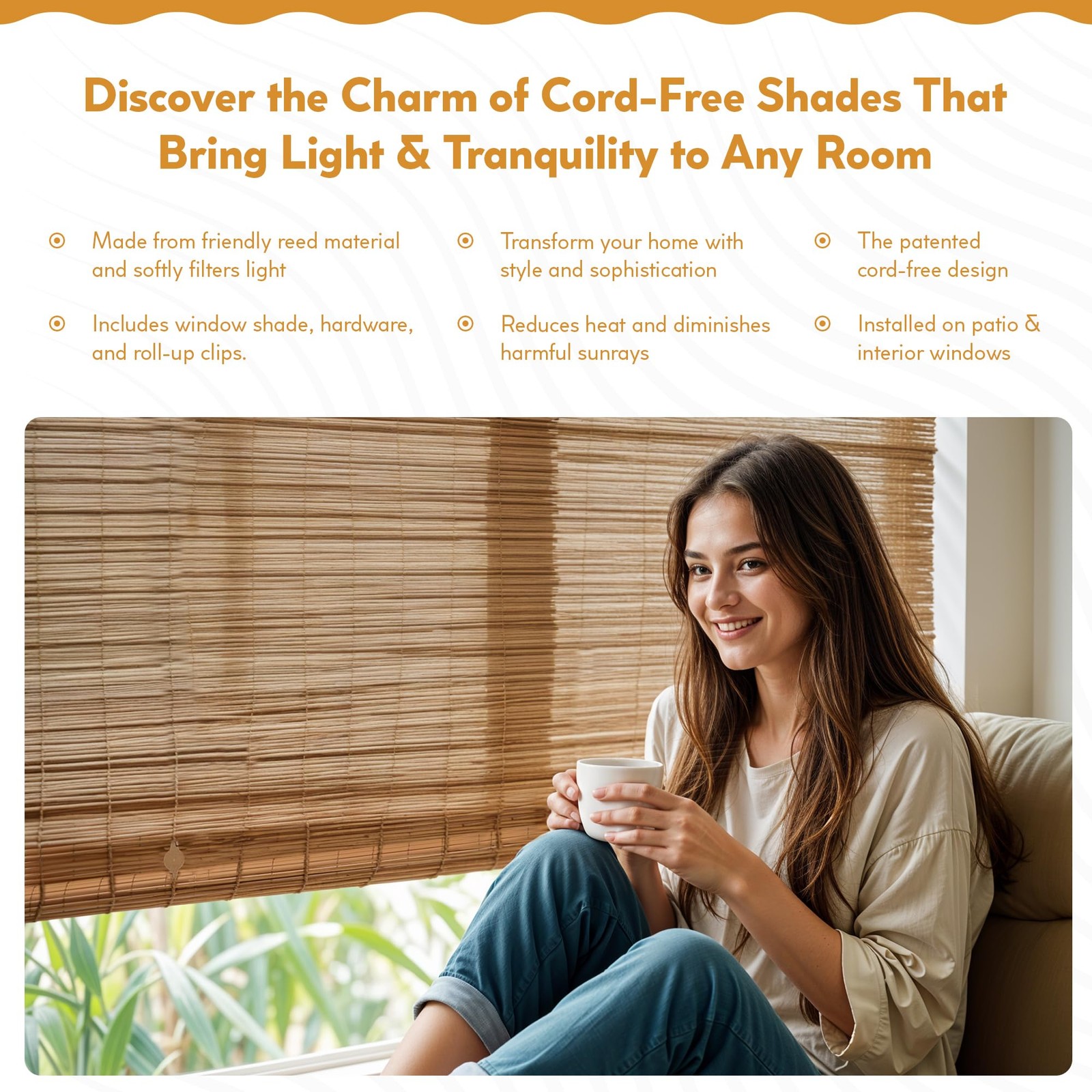 Radiance Cord Free, Roll-up Reed Shade, Cocoa, 72″ W x 72″ L