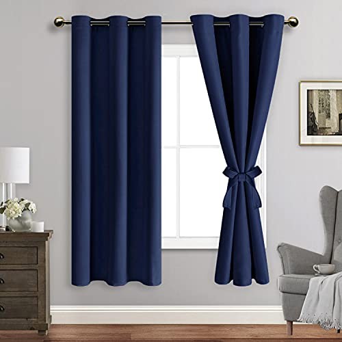 Blackout Curtains with Tiebacks – Thermal 42″W x 63″L (Pack of 2) Navy Blue