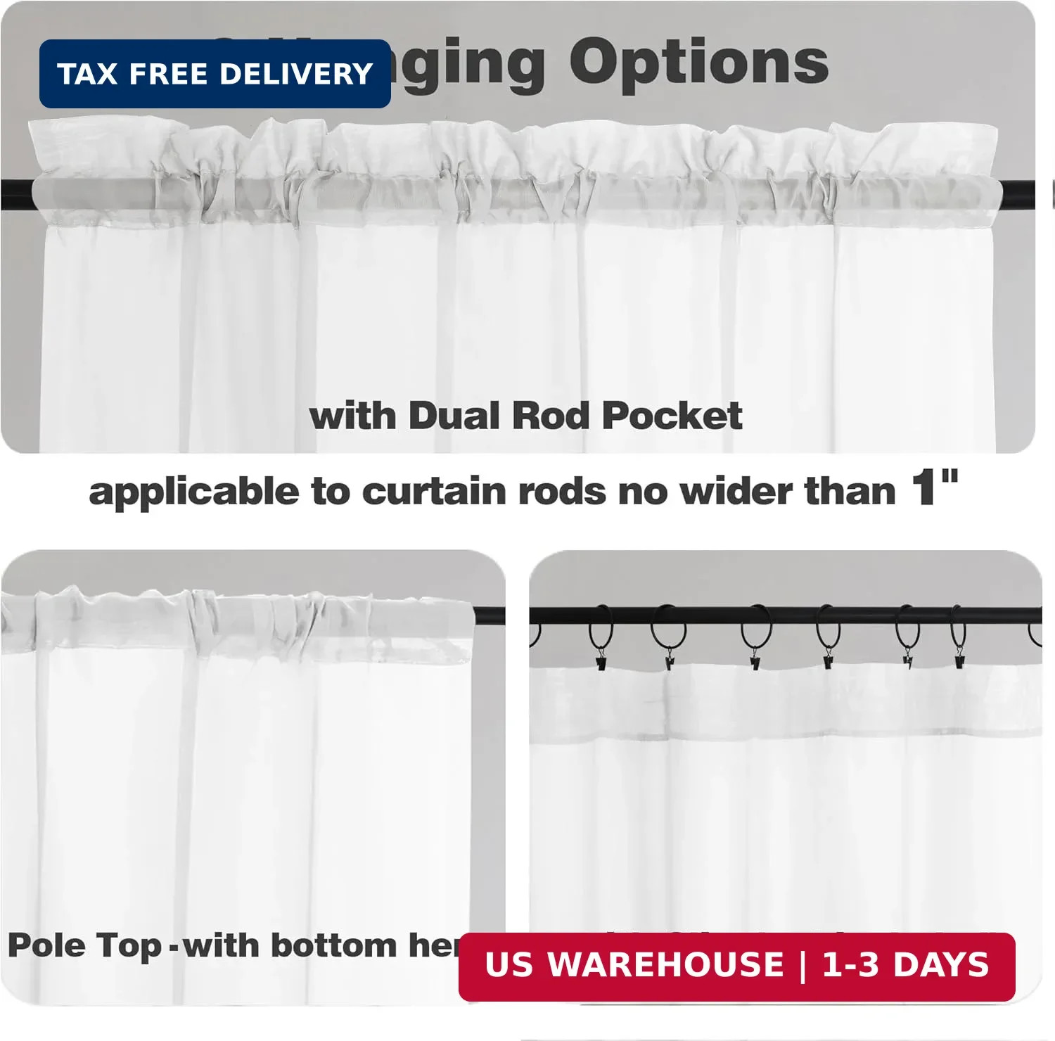 Sheer Curtains 72 Inch Length 2 Panels, Light 42″W x 72″L (Pack of 2) White