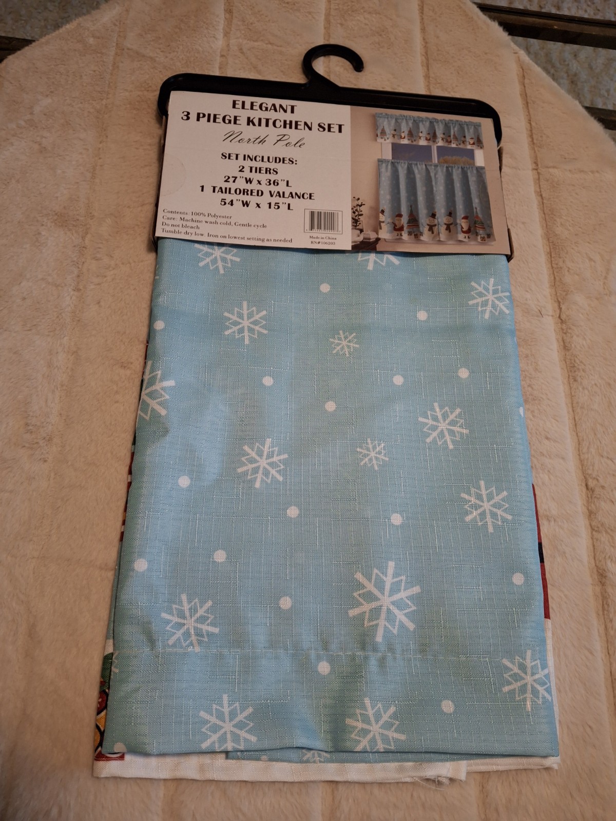 Christmas Kitchen Curtains 3 Piece Set Santa Snowman North Pole NWT