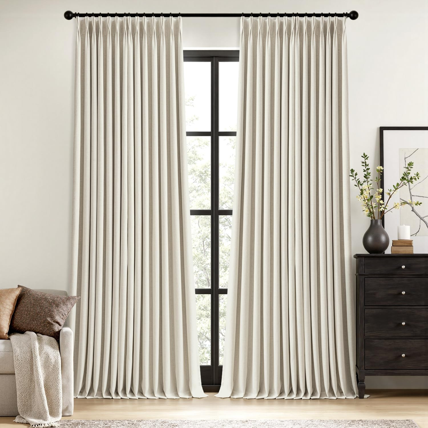 Natural Pinch Pleated 100% Blackout Linen Curtains 90 Inch Length 2 Panels Set,