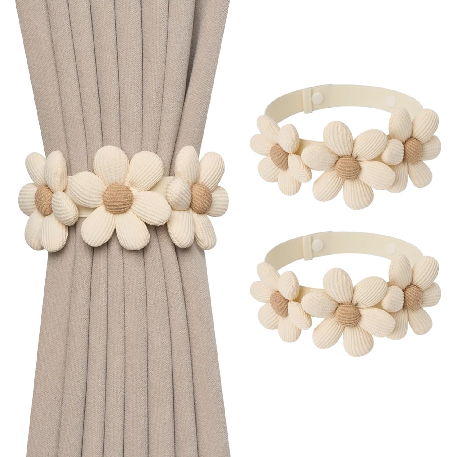 Boho Curtain Tiebacks 2 Pack Hand-Woven Flower Natural Cotton Rope