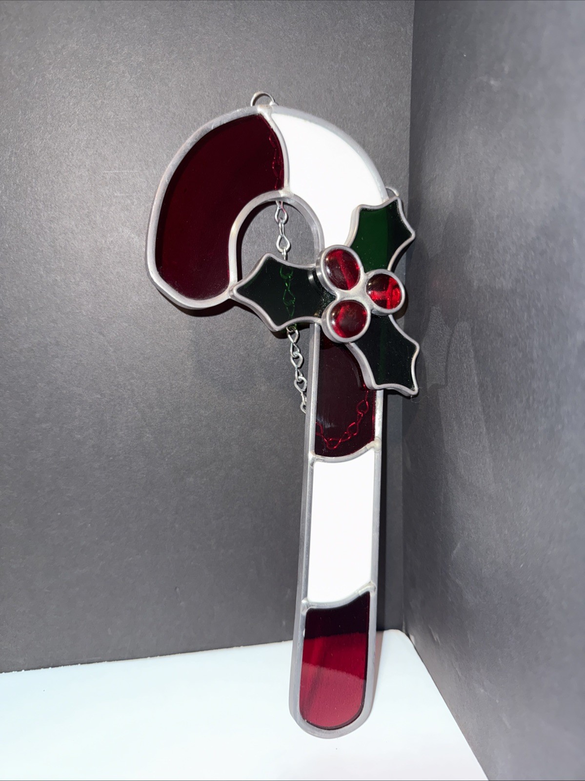 Candy Cane Stain Glass Hanging Window SunCatcher Wall Art Piece Christmas 11”