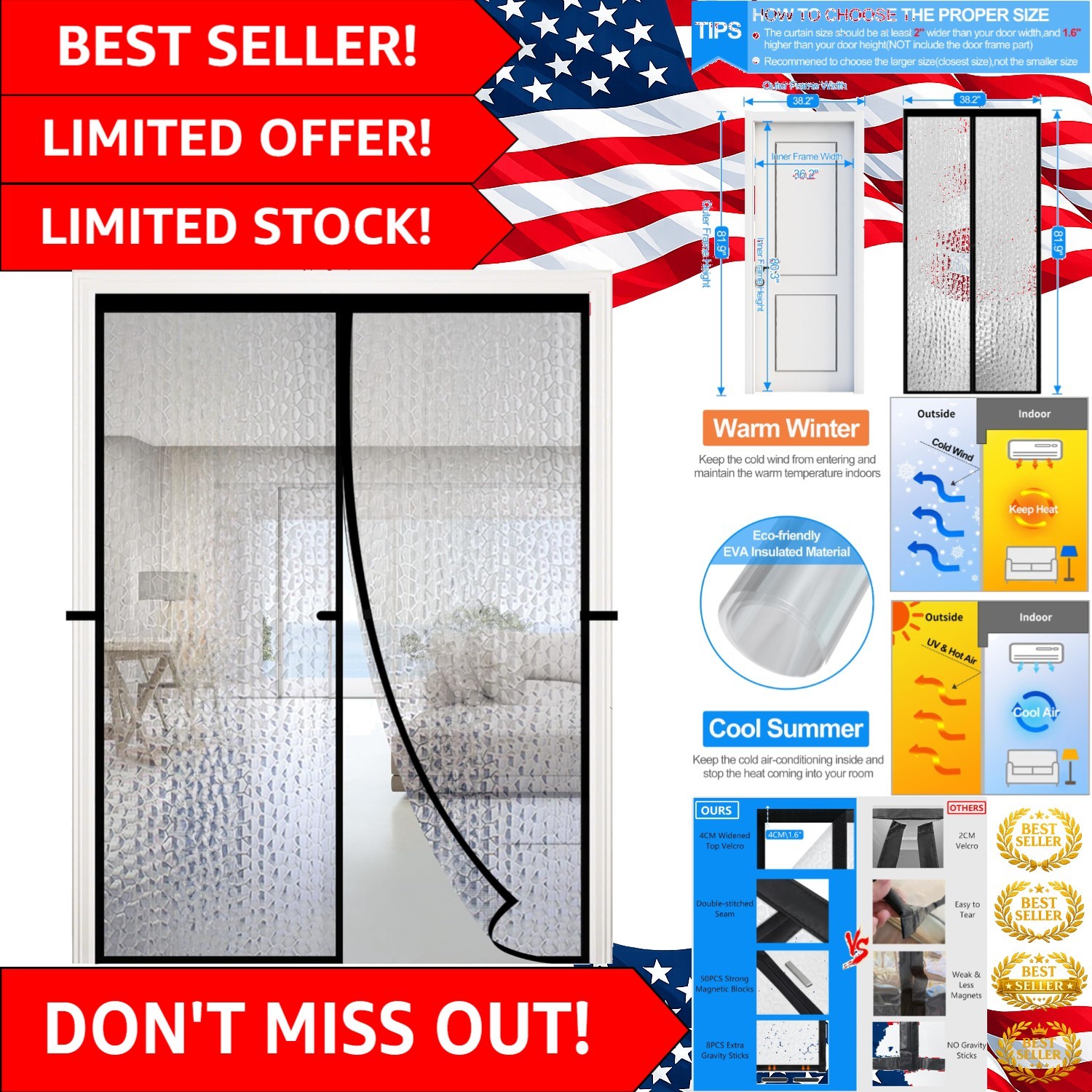Magnetic Thermal Insulated Door Curtain – Waterproof EVA Cover Fits 36″x80″