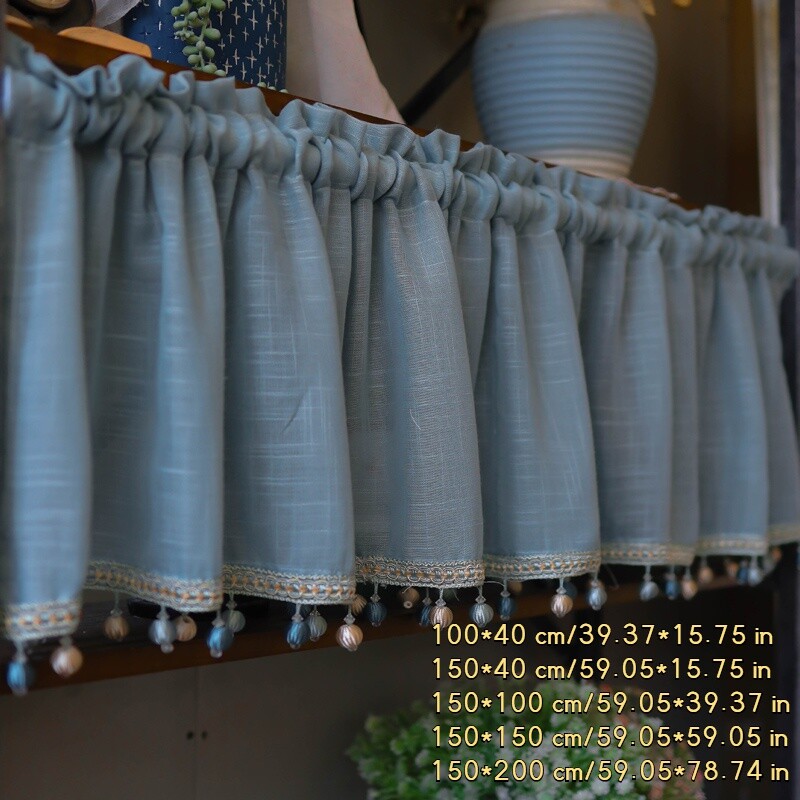 Blue Half Coffee Curtains Beads Tassel Window Curtain for Kitchen Cabinet