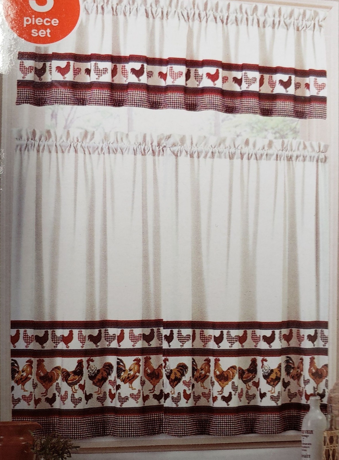 3pc. Rod Pocket Curtains Set(2 Tiers & Valance 60″x14″)DIFFERENT ROOSTERS,C13,MB