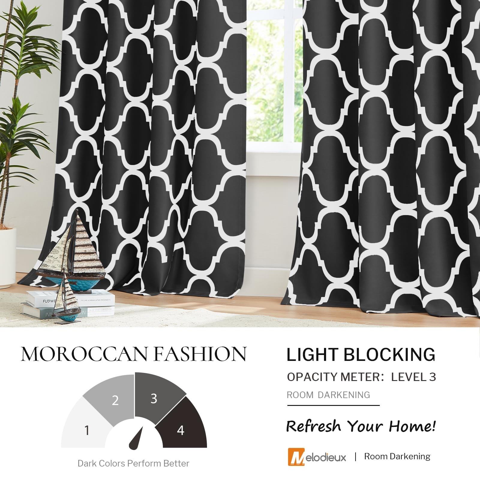 Melodieux Moroccan Printed Room Darkening Blackout Grommet Curtains For Living