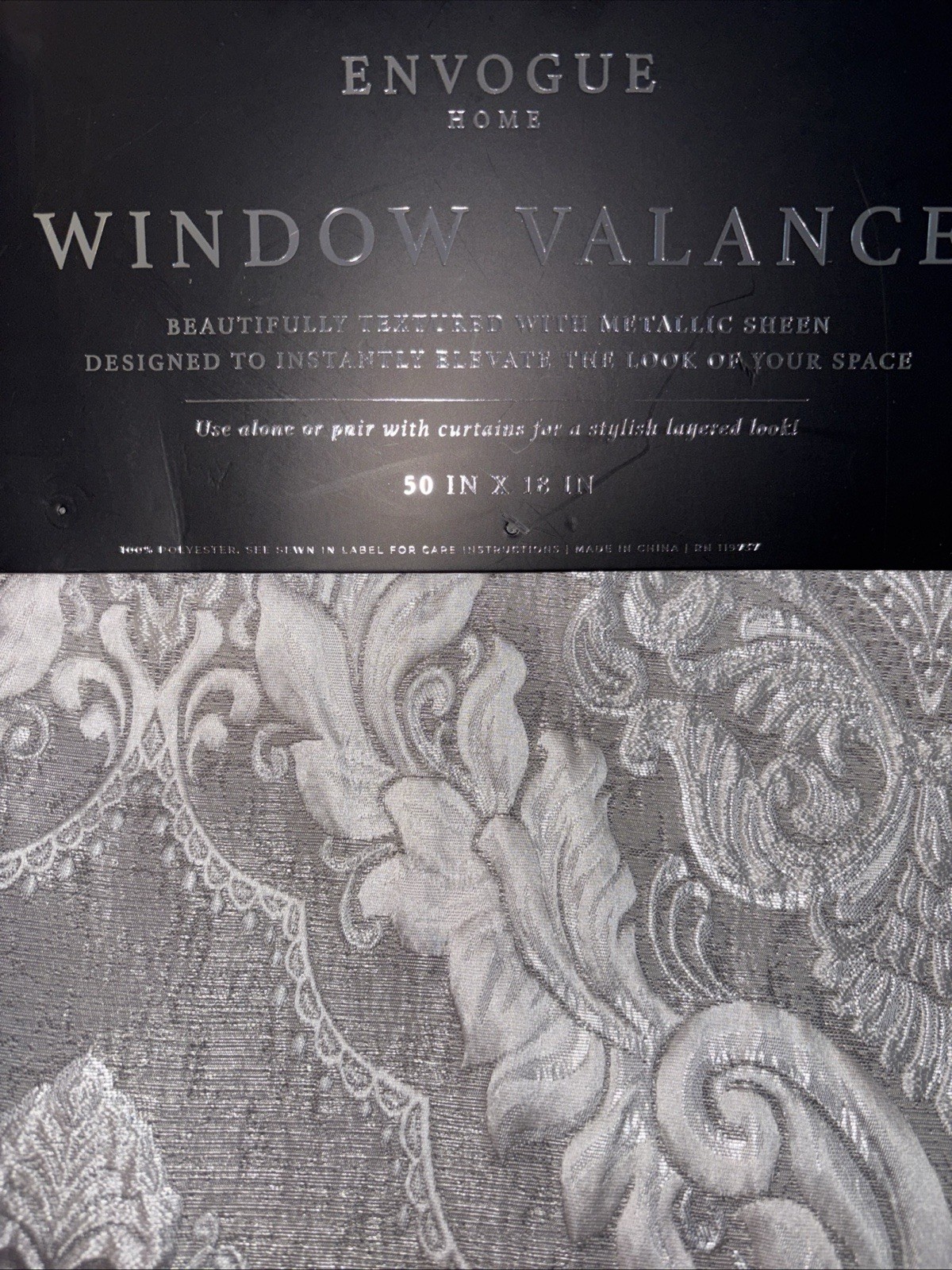 Envogue Window Valance Silver Gray Textured Metallic Sheen 50” x 18” Medallion