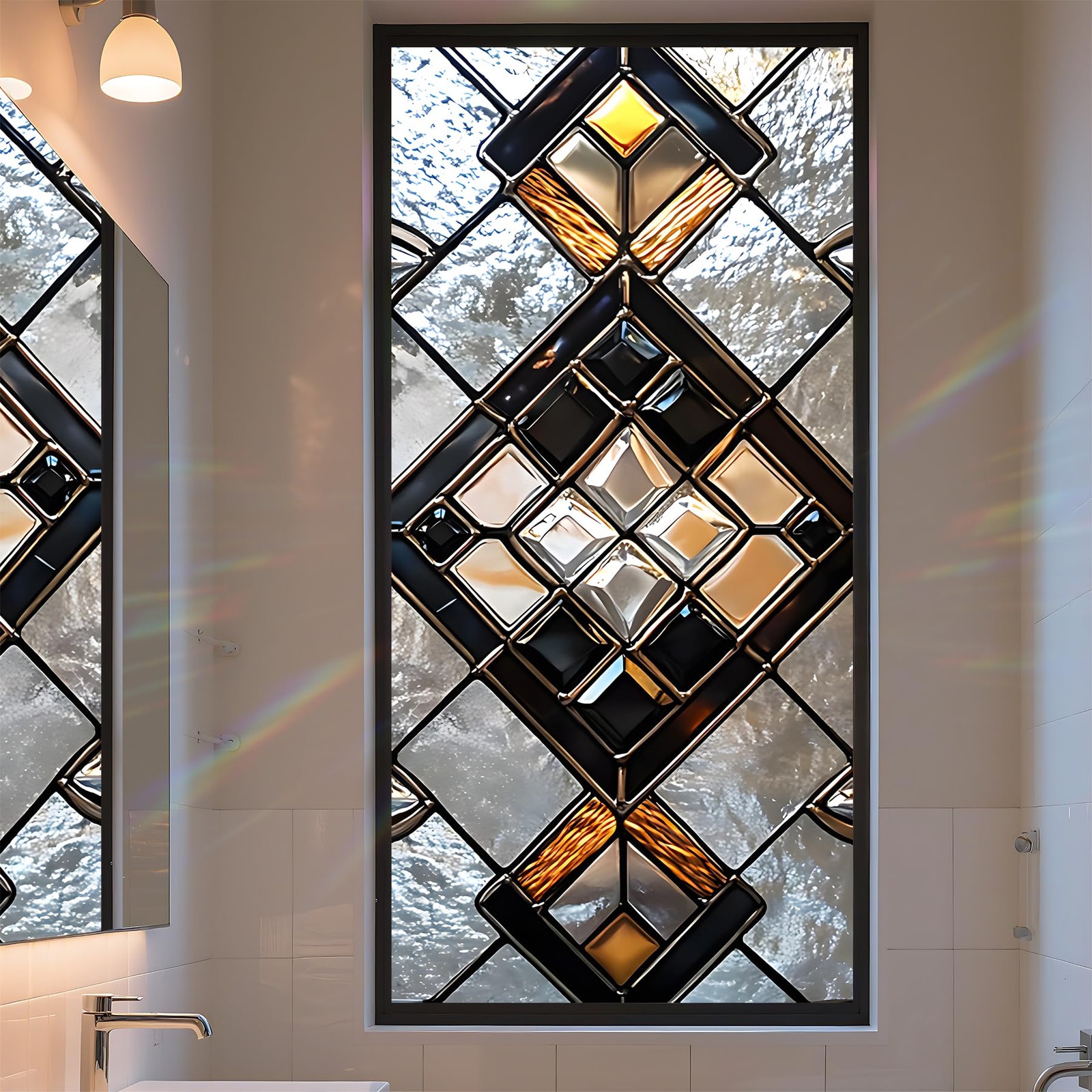 Stained Glass Window Privacy Film: Non-Adhesive Sun and Landscape Mosaic Desi…