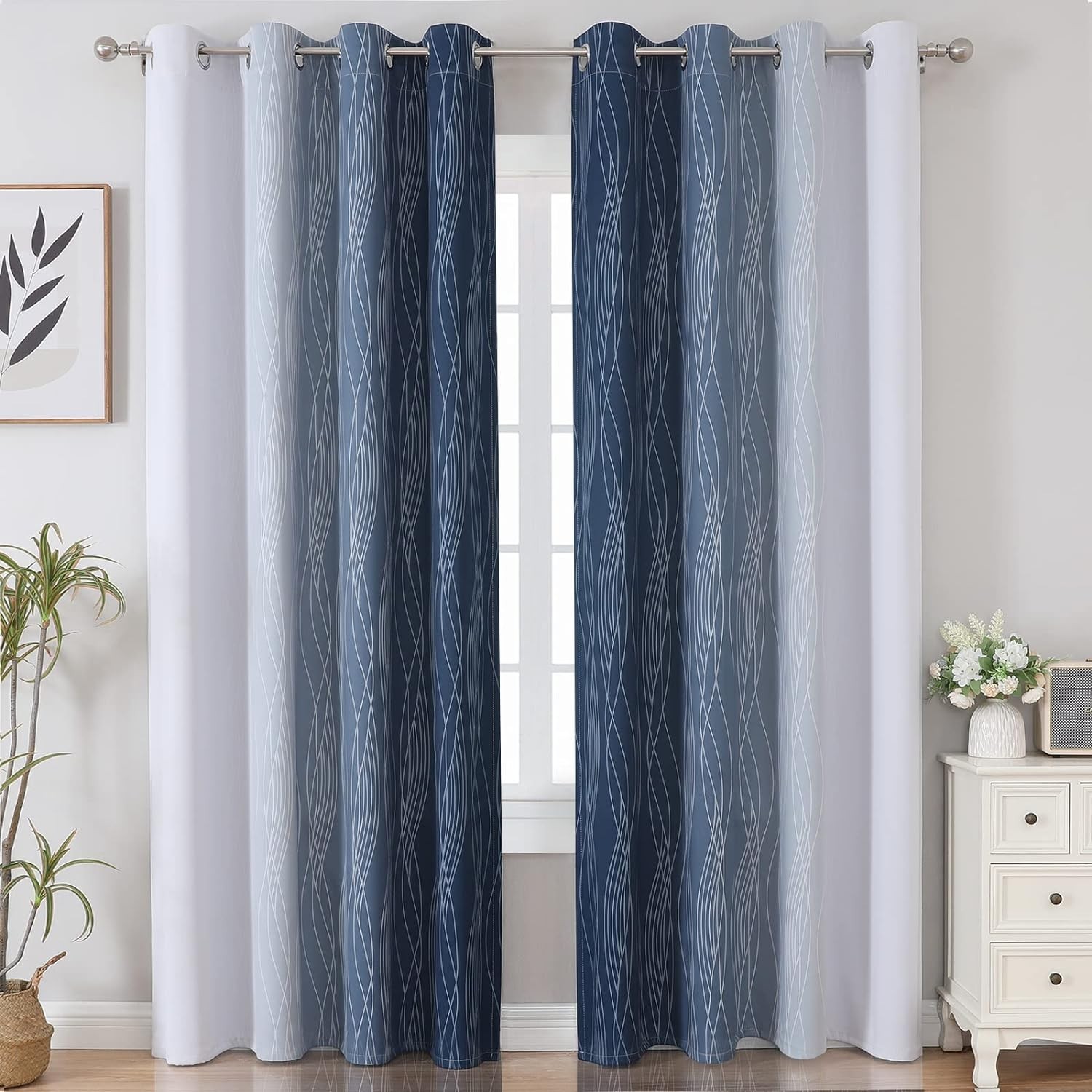 Navy Blue and Greyish White Blackout Curtains for Bedroom 84 Inches Long, Ful…