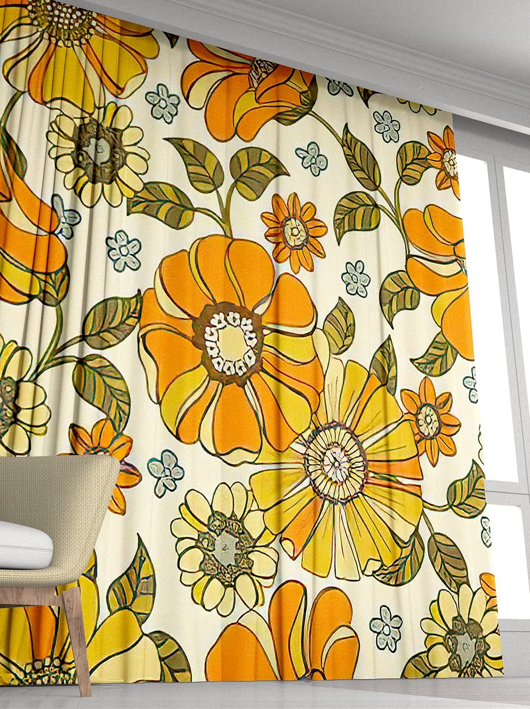 Daisy Flower Pattern Window Drapes Curtain Colorful Large Floral Retro 70S St