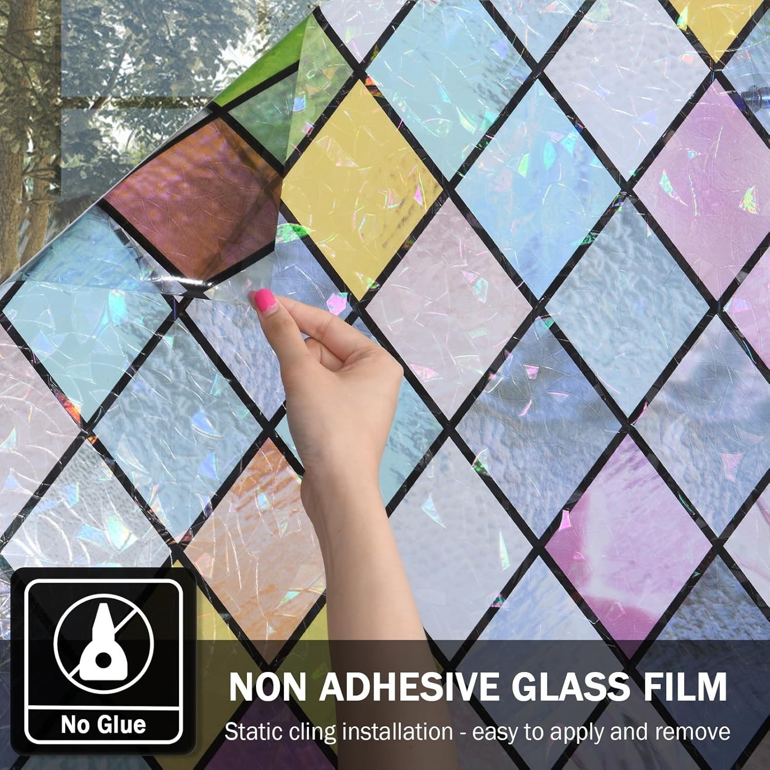 Colorful Lattice Window Tint: UV-Blocking Stained Glass Film 17.3 x 78.7 inches