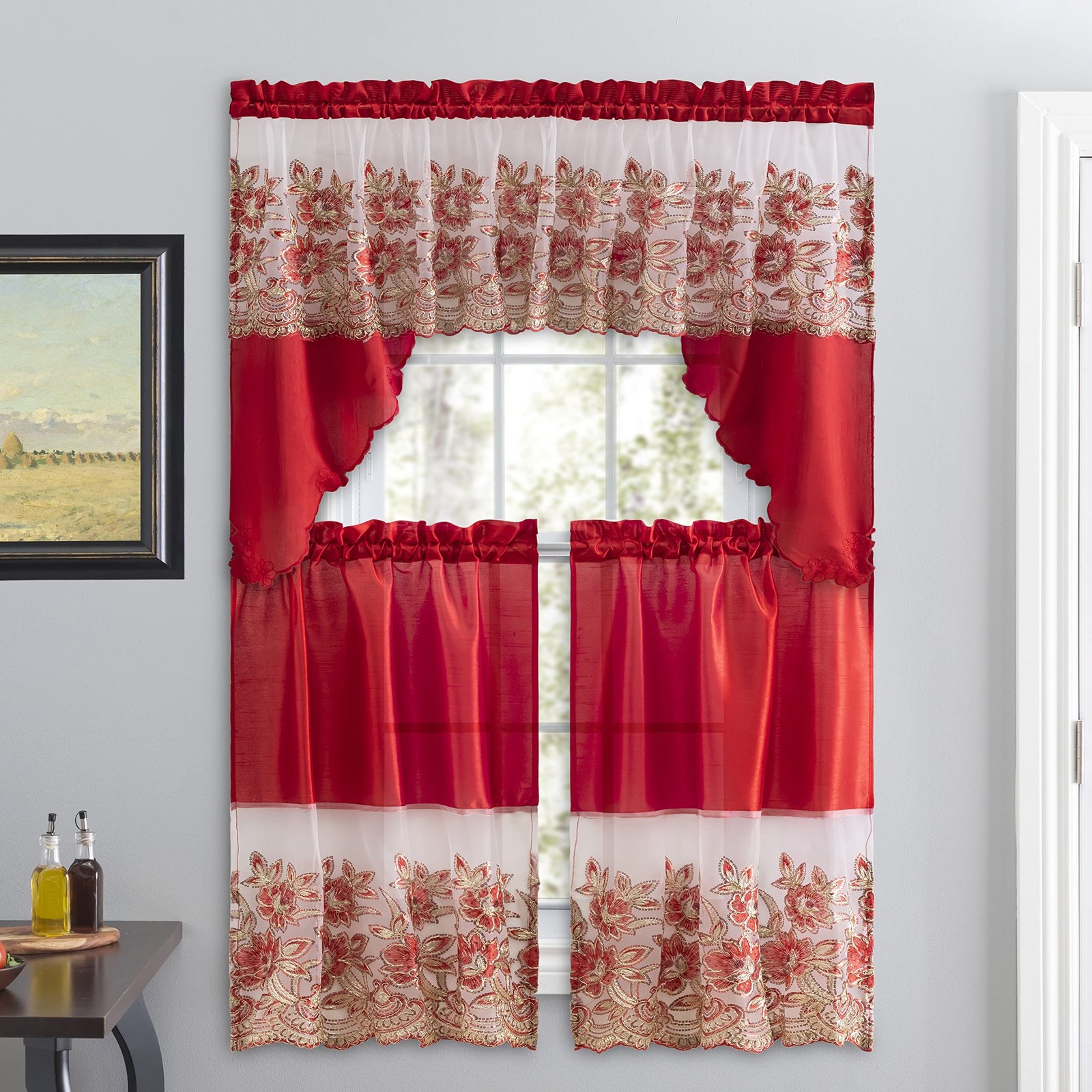 Linen 3-Piece Sequin Embroidered Café Curtain Set