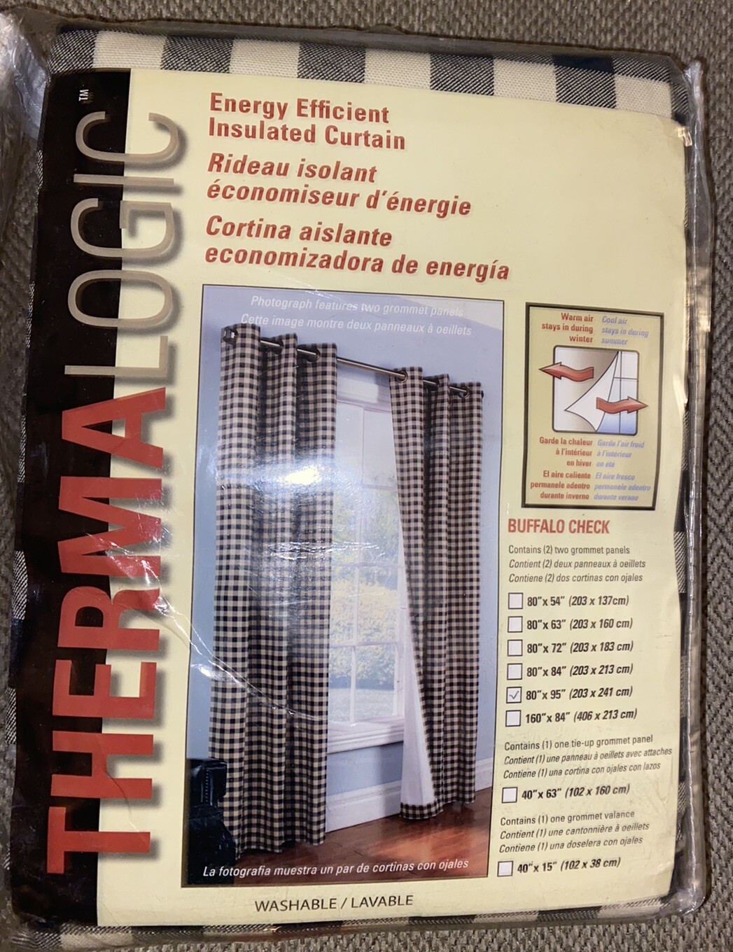 Thermalogic™ Black Buffalo Check Grommet-Top Curtain Pair 80″ X 95” NWT