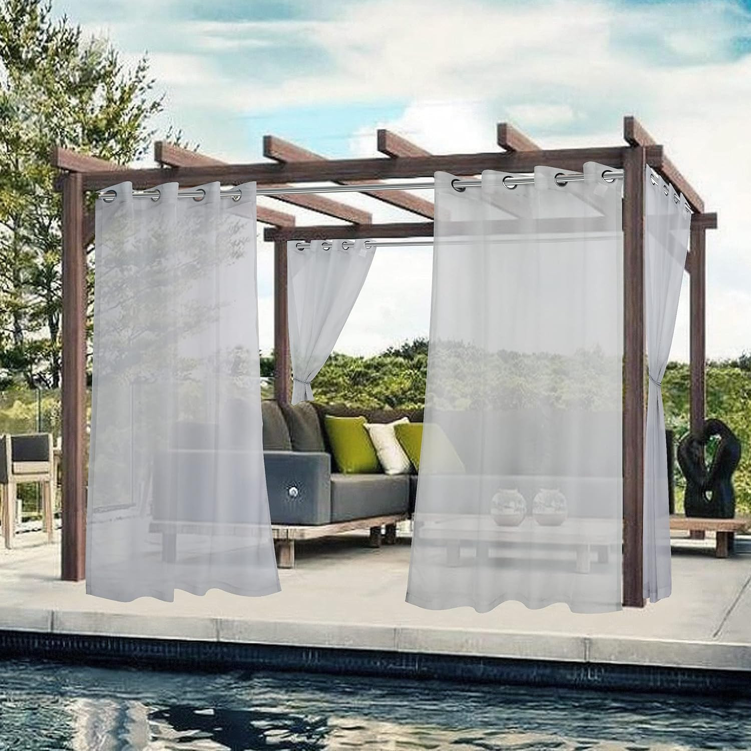 BONZER Waterproof Sheer Outdoor Curtains for Patio – 2 Panels Grommet Indoor Voi