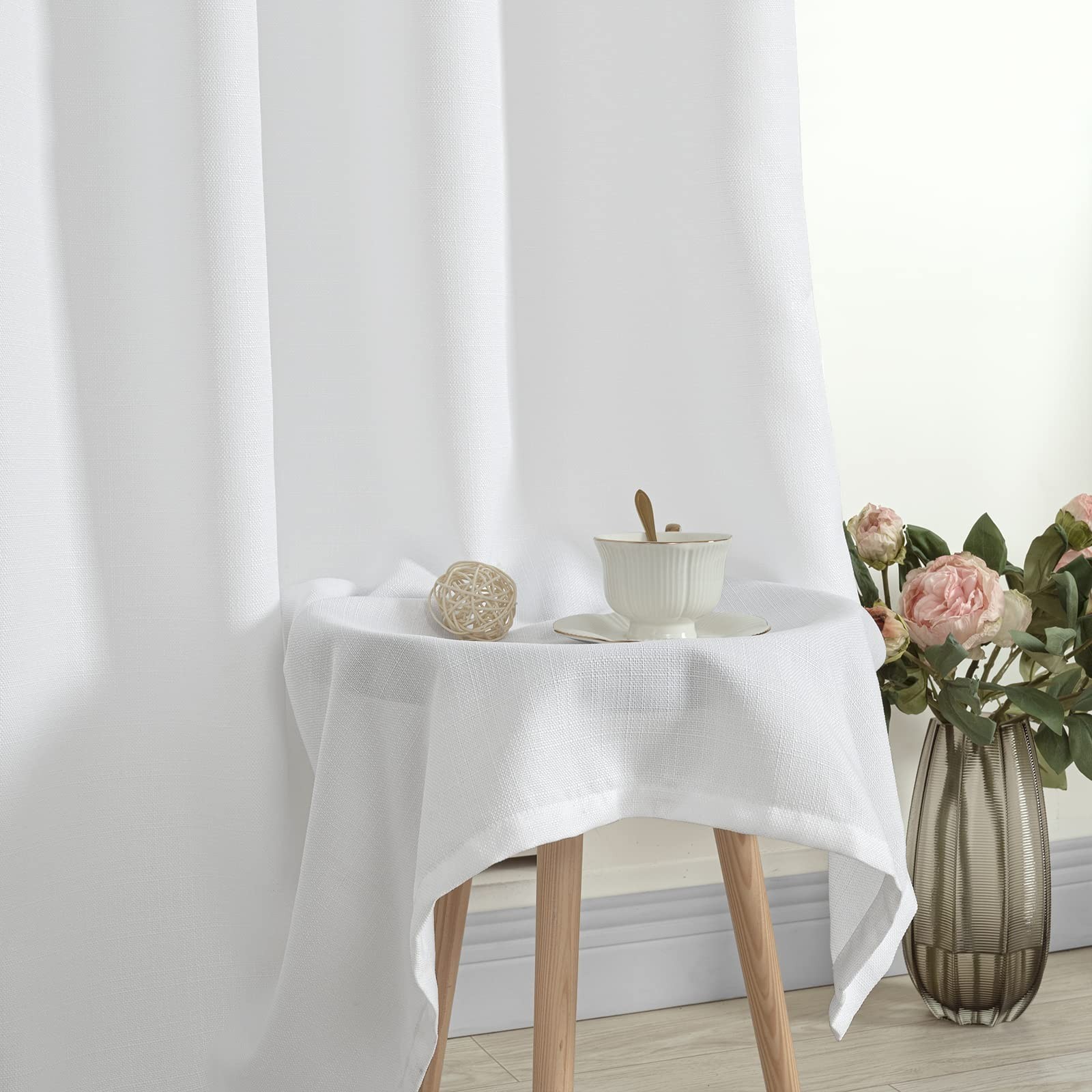 LAMIT White Linen Curtains 84 inches Long 2 Panels, Grommet Semi Sheer Light …