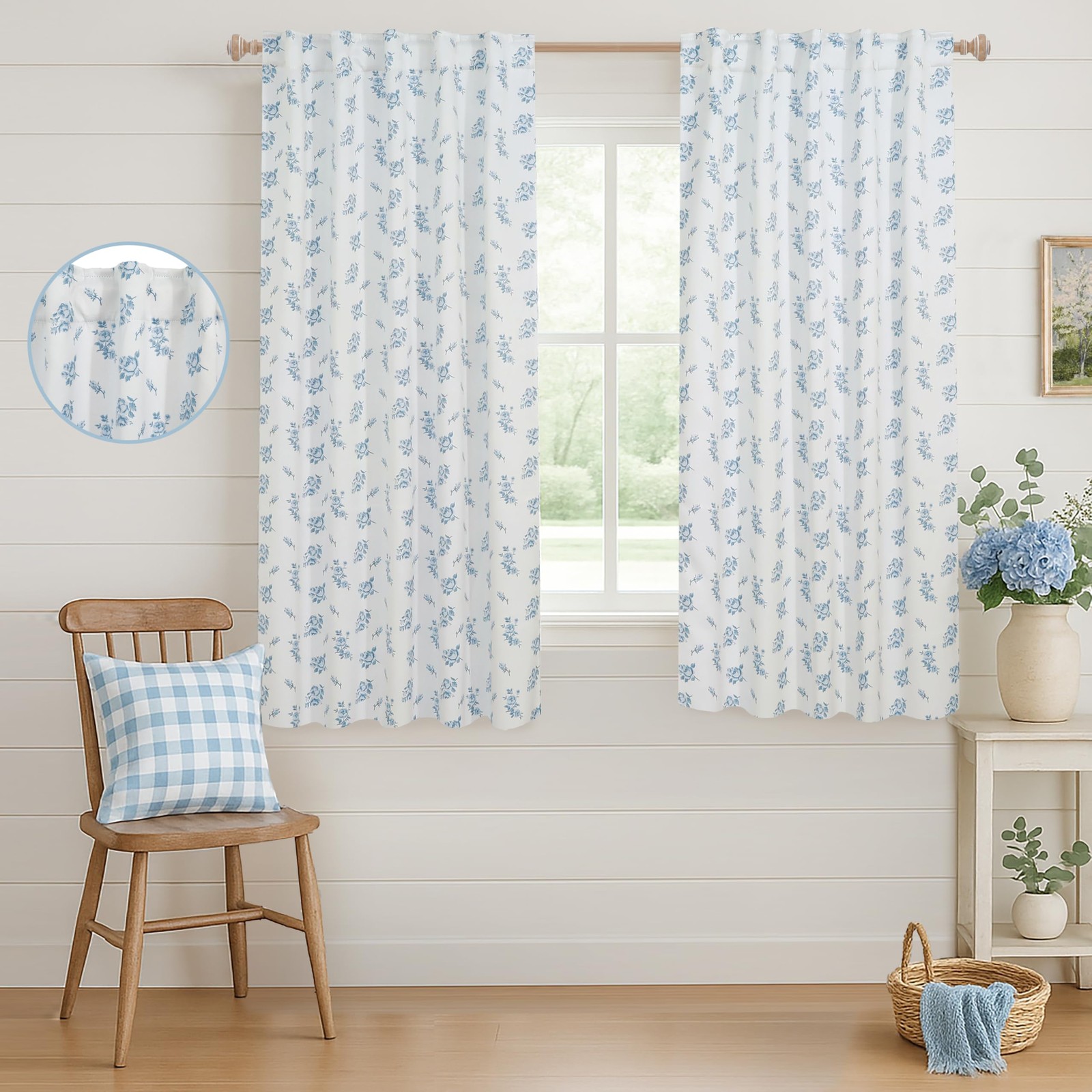 Cute Blackout Curtains for Bedroom, Pastel Blue Floral Aesthetic Preppy Curta…