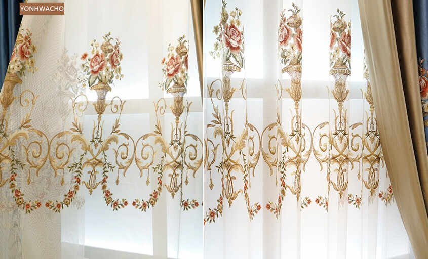 high-precision embroidered blue gold cloth curtain valance tulle drapery C762*