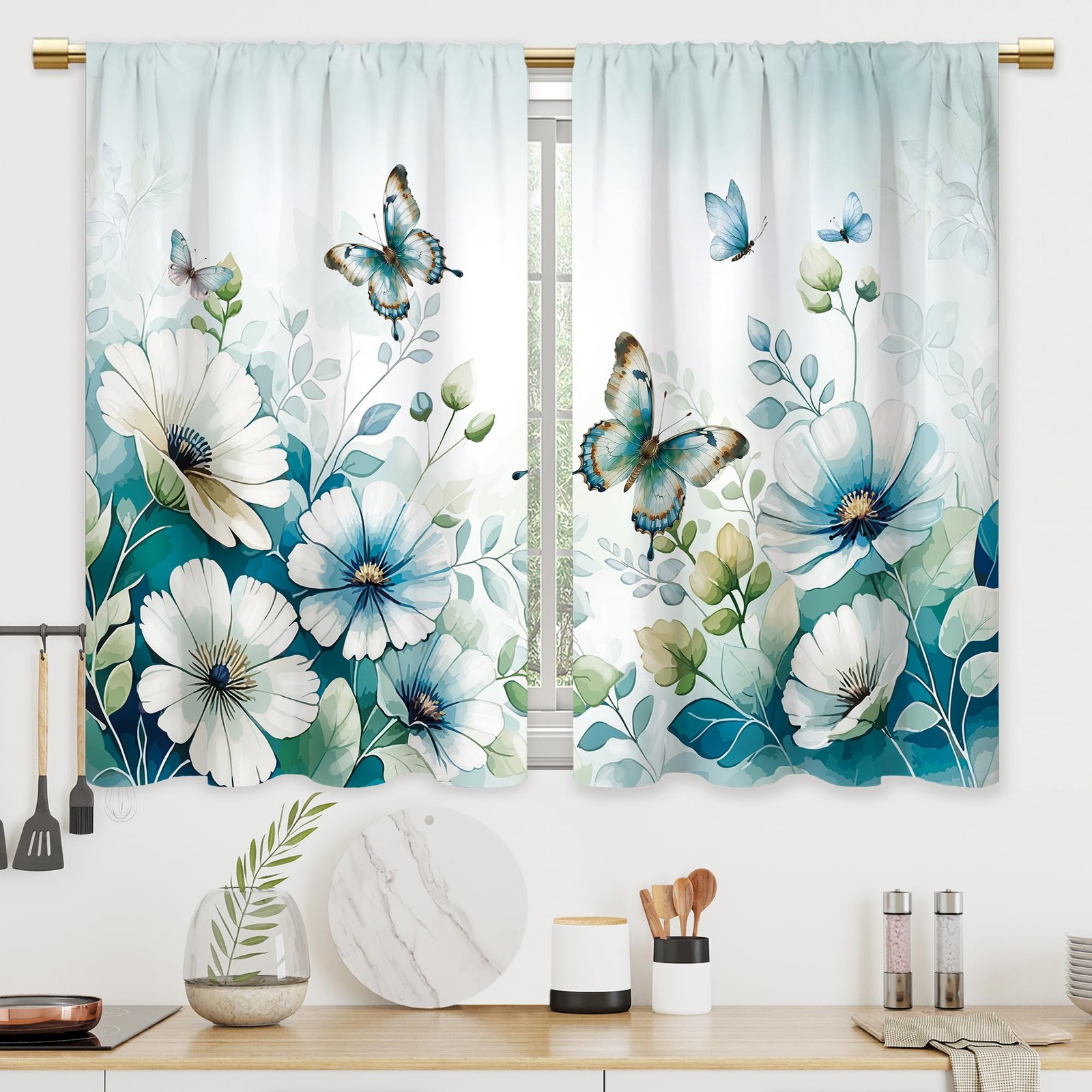 Teal Green Flower Butterfly Kitchen Curtains Floral Plant Leaves Bathroom Cur…