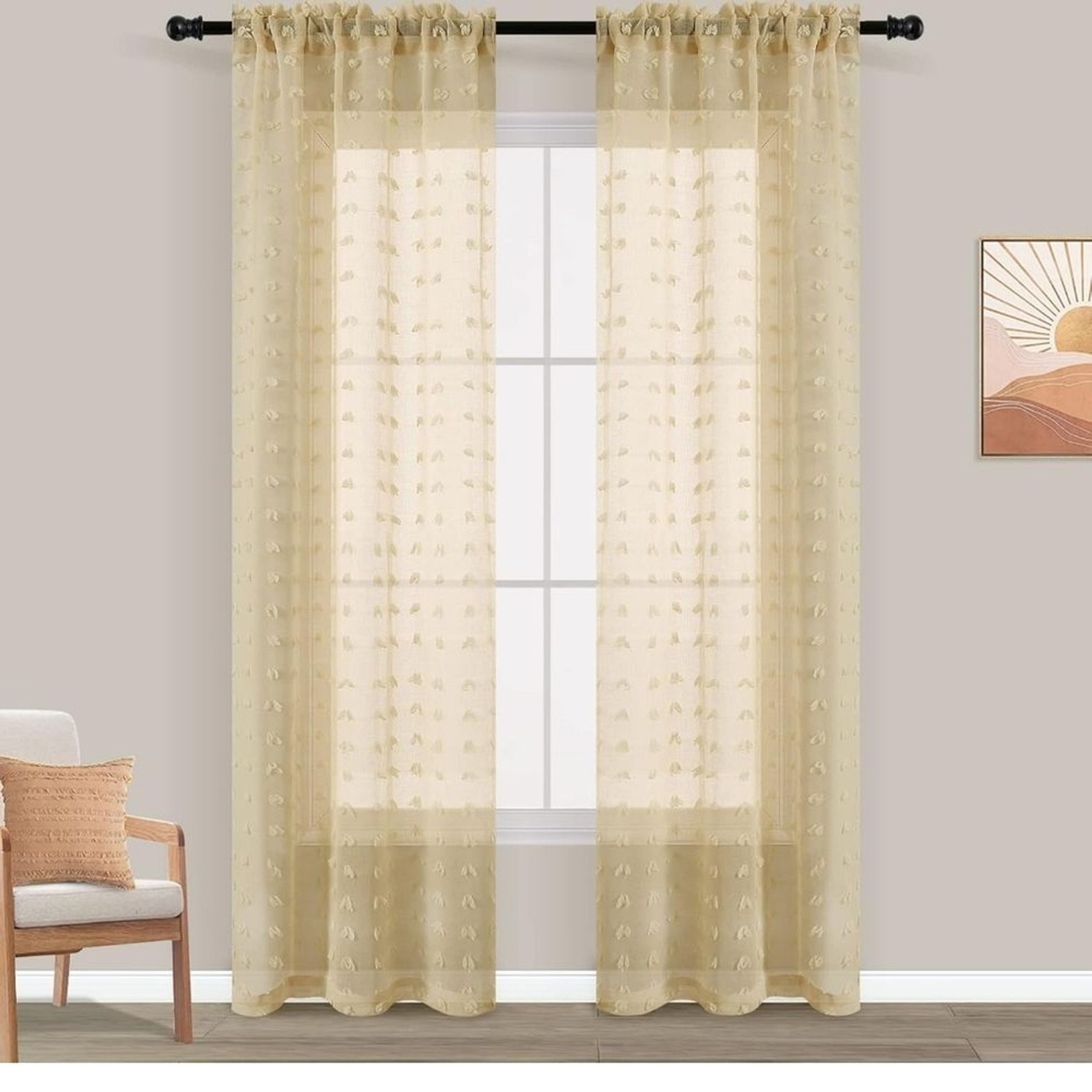 38×84 Light Filtering Tufted Semi Sheer Curtains Boho Farmhouse Beige 2 Panels