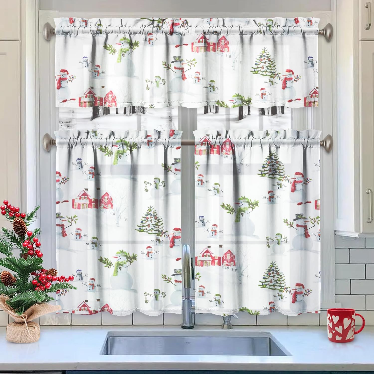 Winter Kitchen Curtains Valances 3 Piece Set, Christmas Snowman Xmas Tree Rod…
