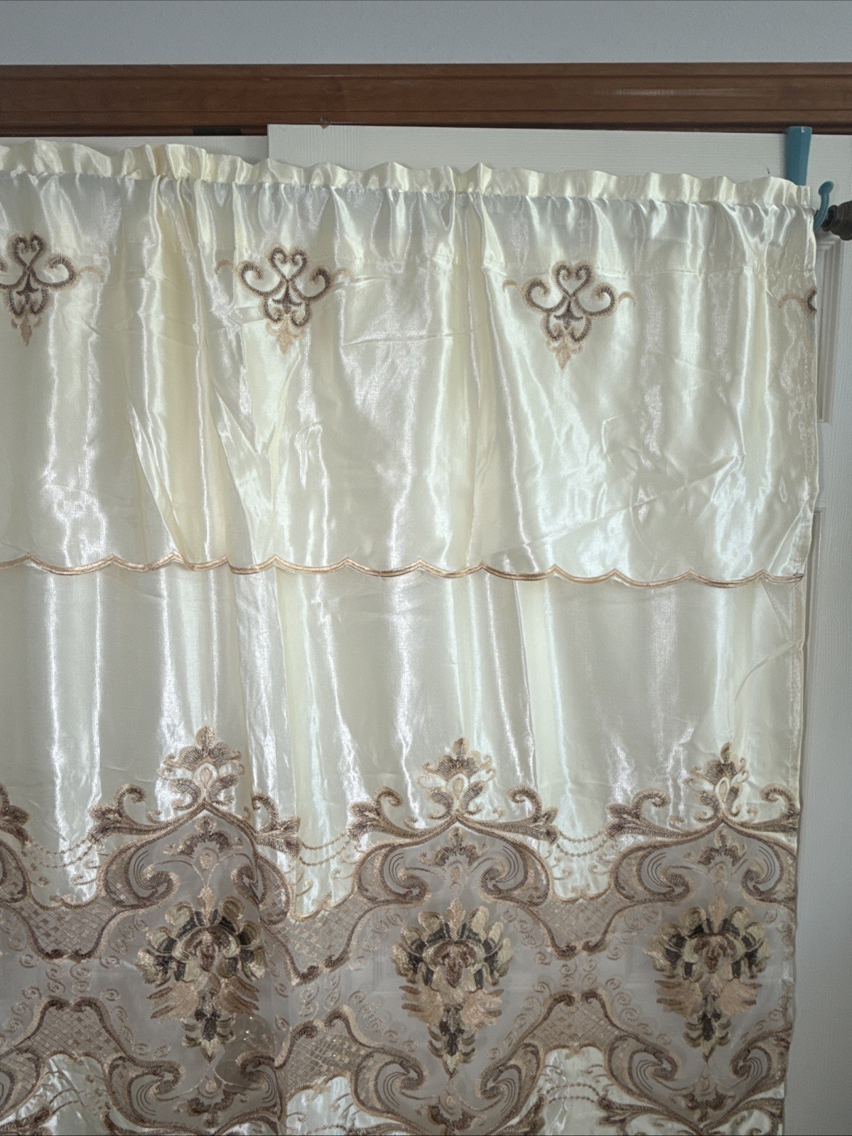 Drapes 2 Panels Beige w/ Attached Valance, Shimmer Satin, Sheer Lace 54 X 87”