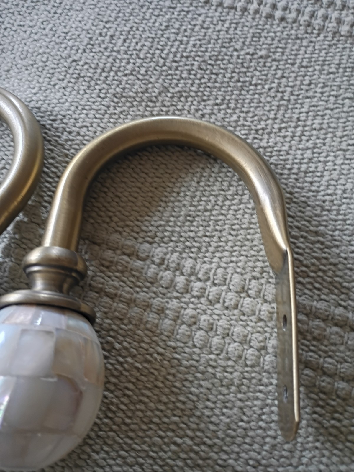 Pair Vtg Curtain Tiebacks Holdbacks Faux Mother of Pearl Aged Brass