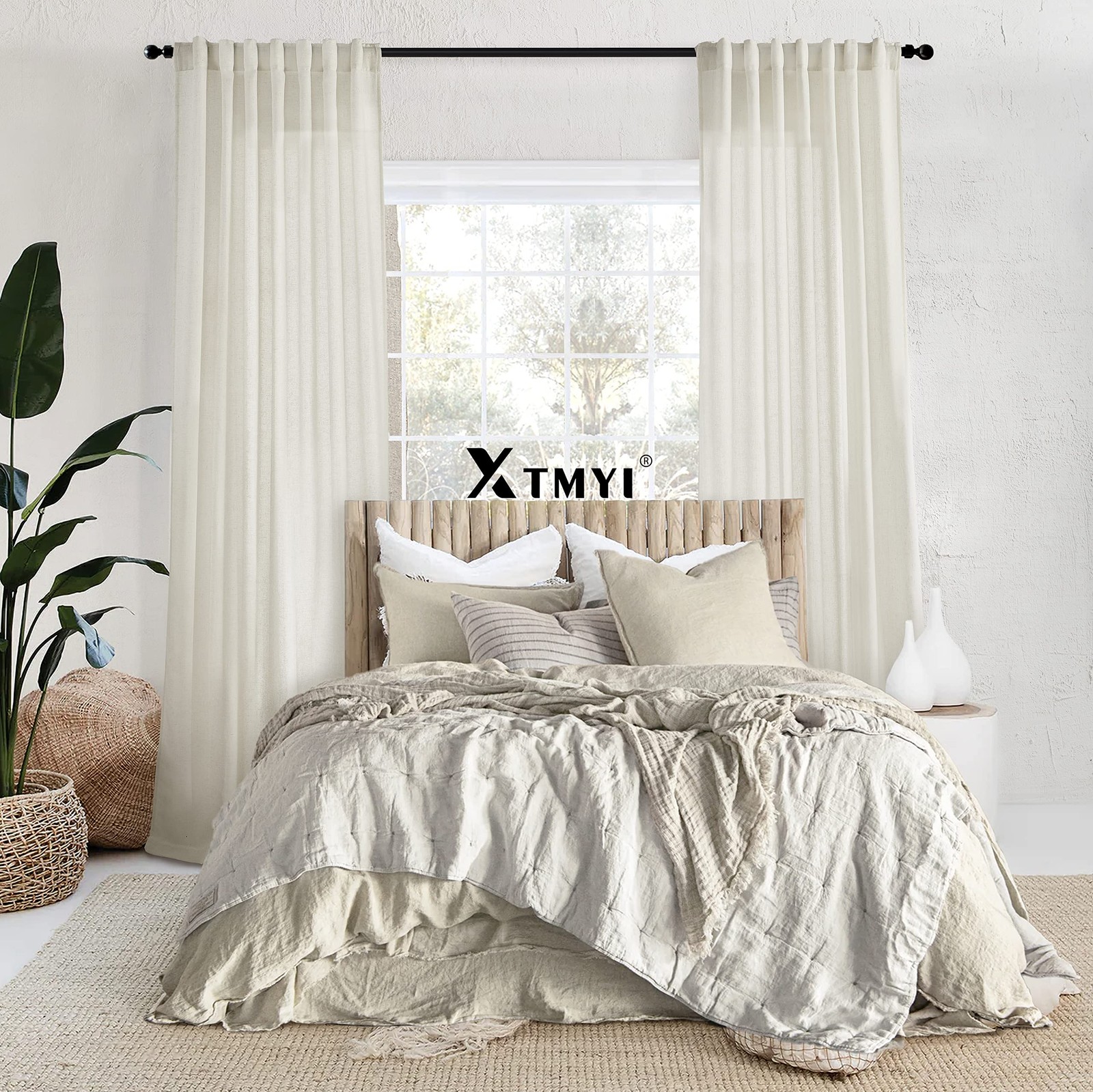 Linen Curtains 96 Inch Long 2 Panel Set, Cream Sheer Pleated Curtain for Livi…