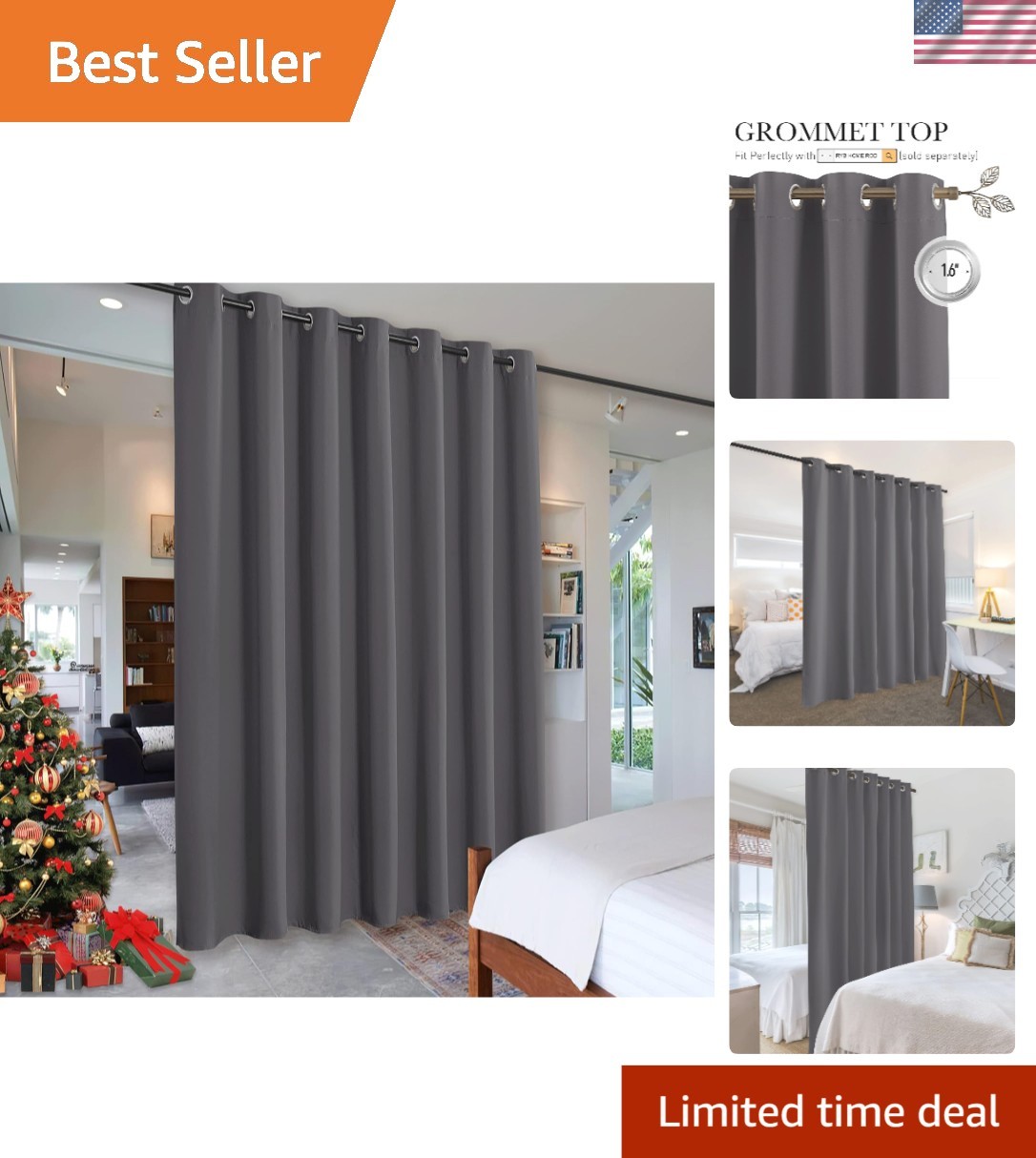 Elegant Blackout Room Divider Curtain 100″ Wide x 84″ Long – Grey Grommet Style