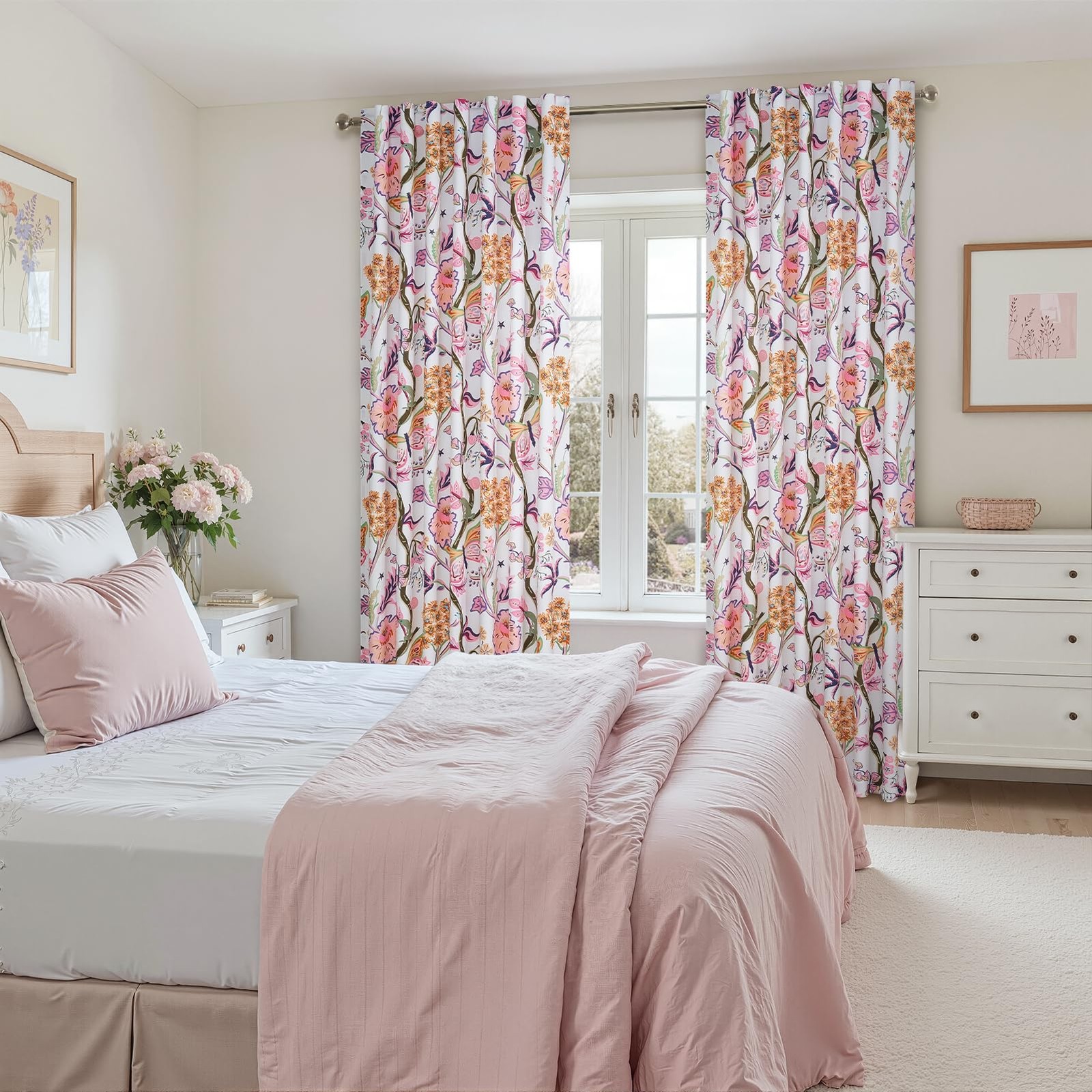 Nursery Curtains Pink Butterfly Floral Drapes for Girls Room, 84 Inch Length,…