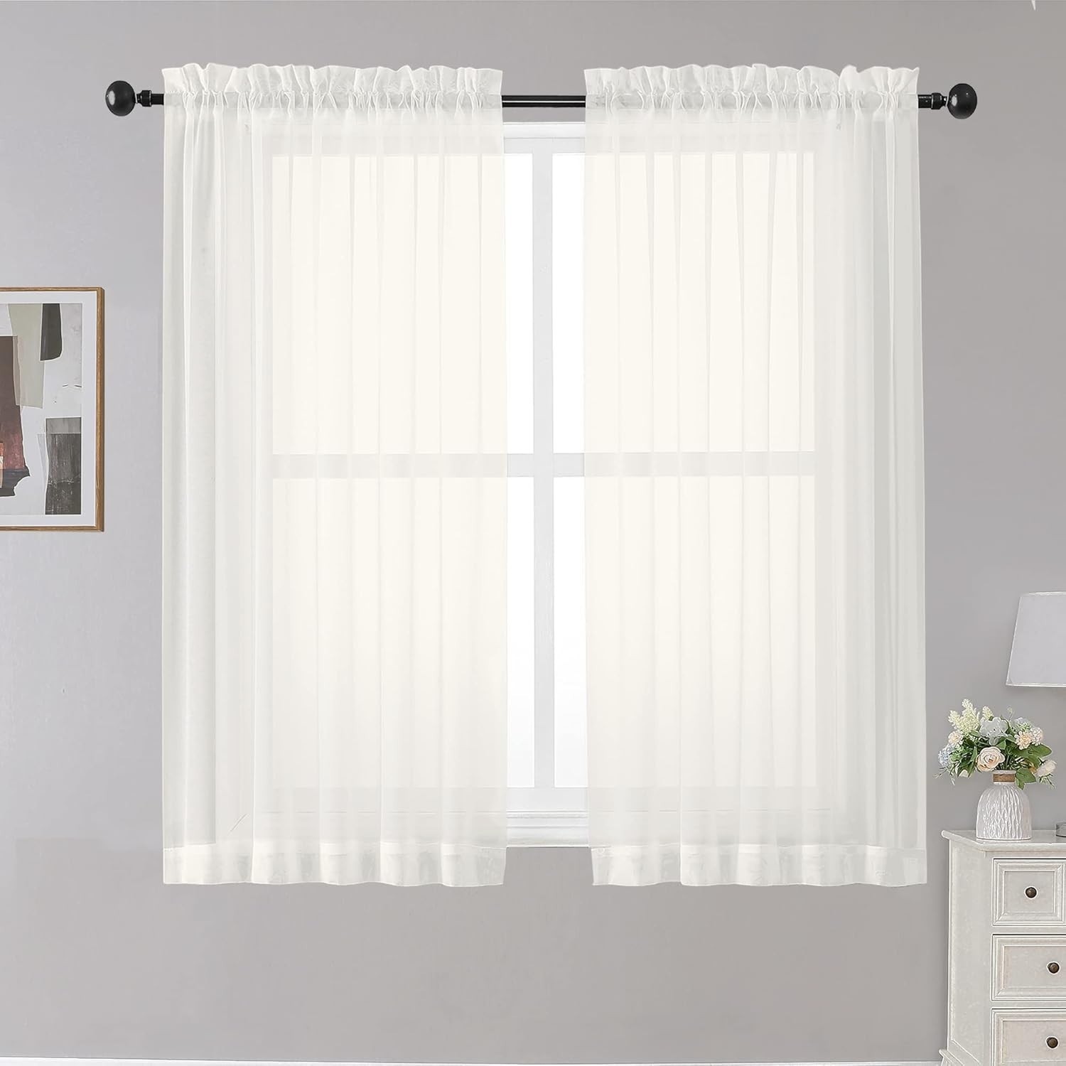 OWENIE Sheer Curtains Ivory, 42″ W x 45″ L