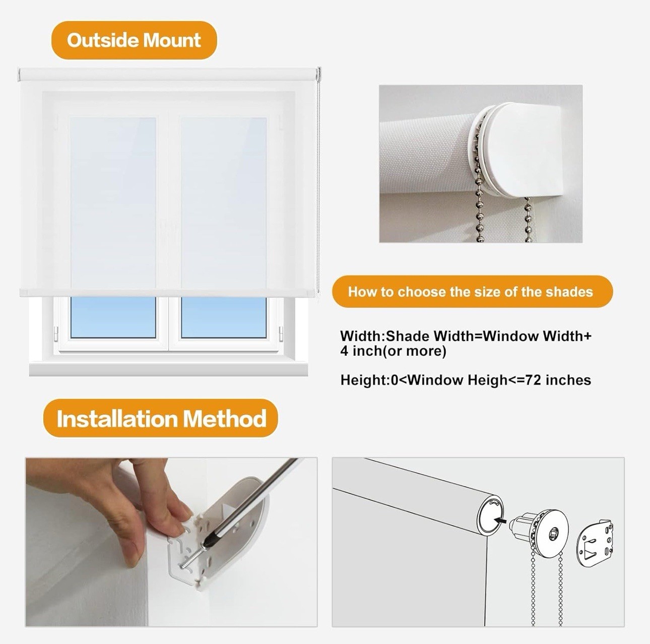 Persilux Light Filtering Roller Shades and Blinds for Window 29″ W x 72″ H White