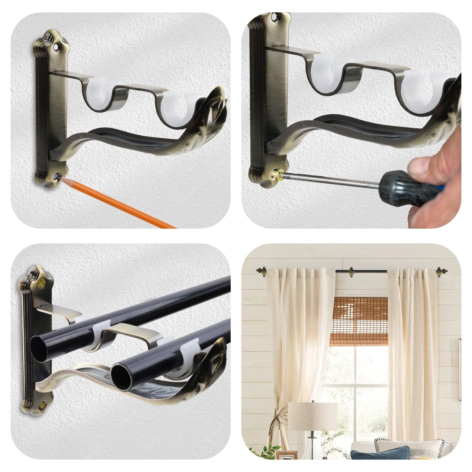 Tsnamay 3Pcs Double Curtain Rod Brackets Holders,1 Inch Retro Wall Mount Brac…
