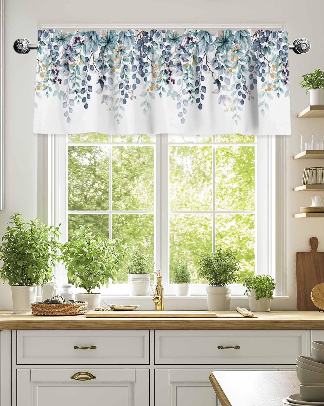 Blue Eucalyptus Leaves Window Valance Blue Plant Leaf Window Treatment Blue G…