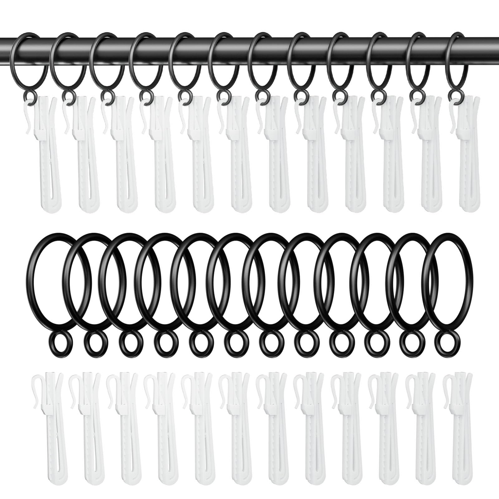 1.25 Inch Curtain Rings with Hooks, 24 Pack Black Metal Drapery Rings with Pi…