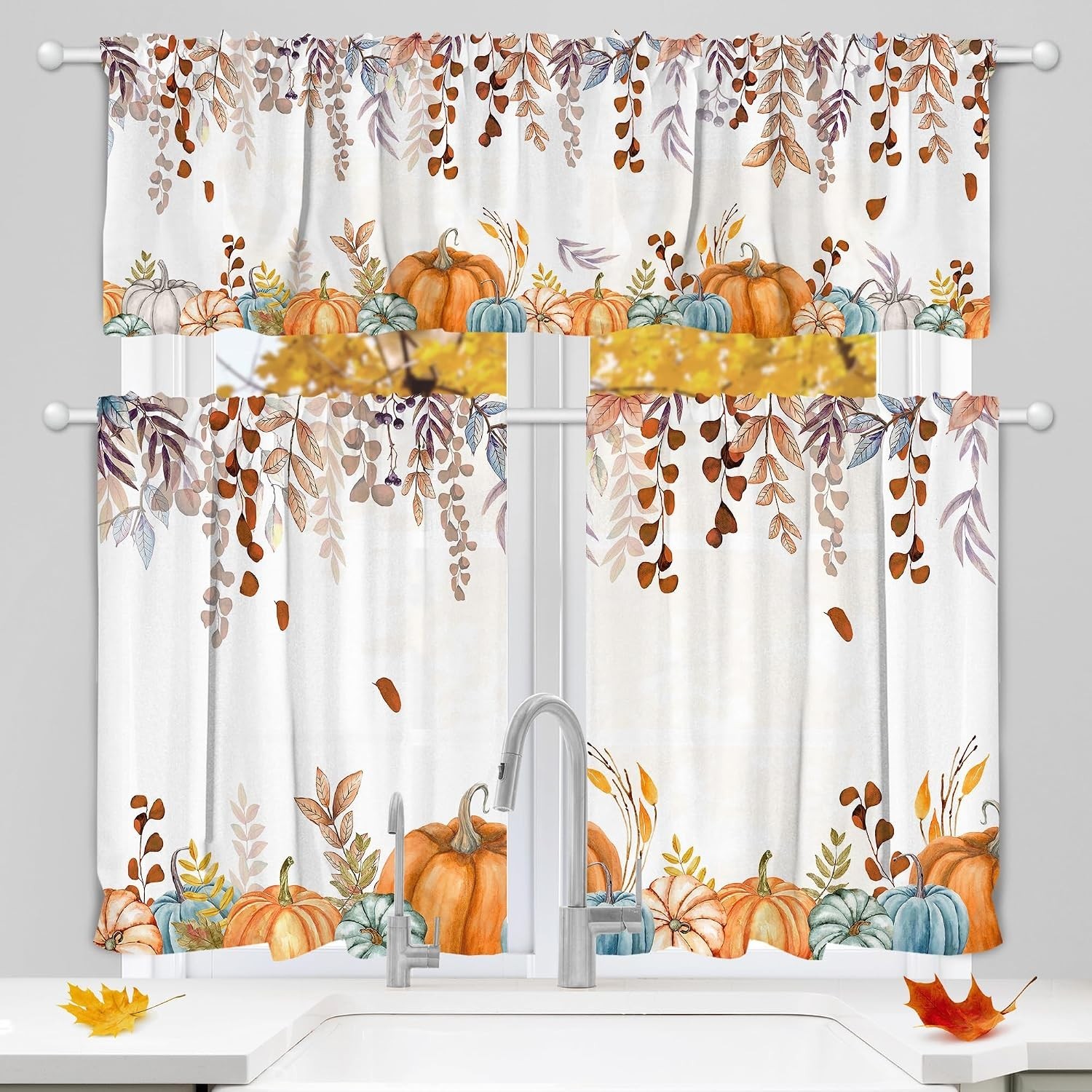 Elegant Light Filtering Fall Curtains – Set of 3 for Kitchen & Living Room