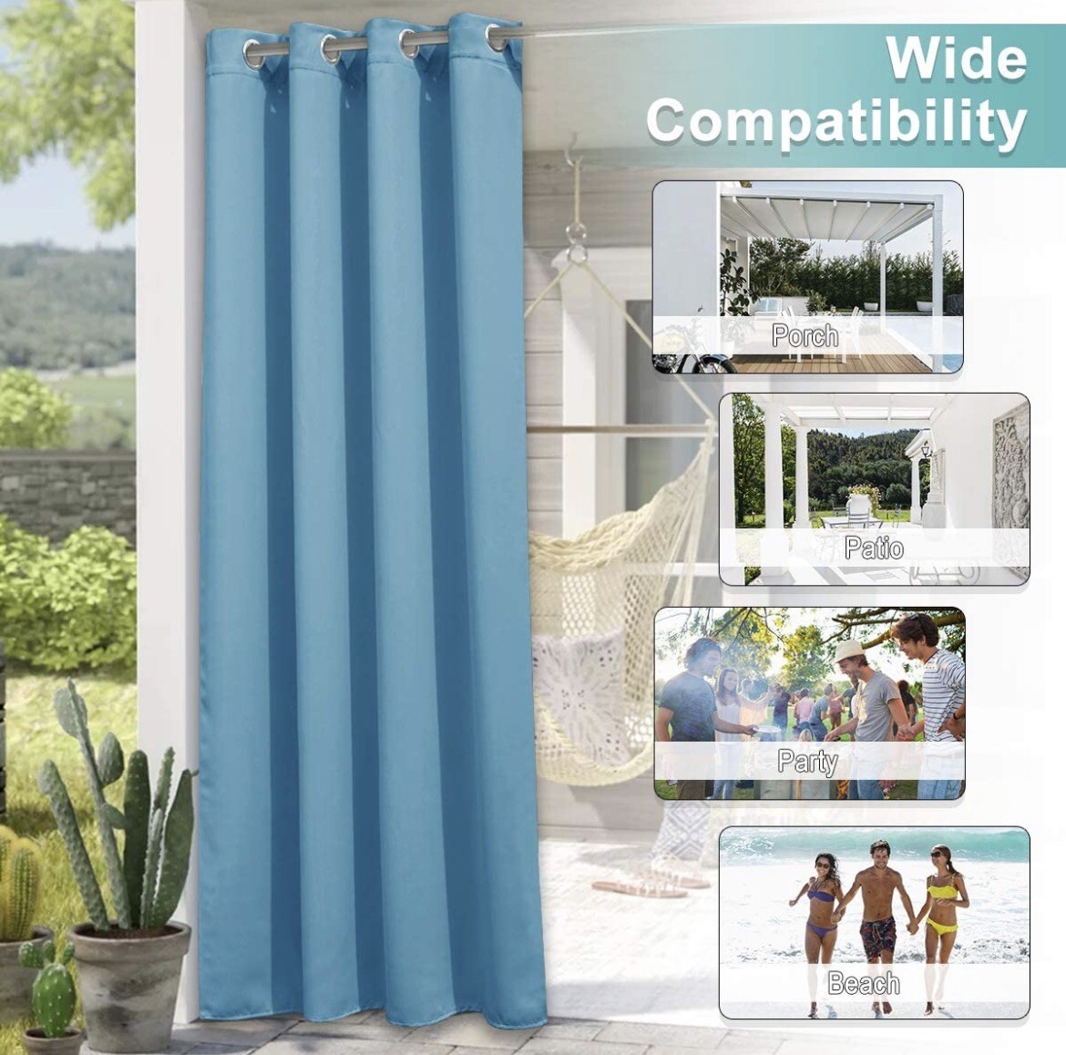 NICETOWN Outdoor Patio Curtains/Drapes W/Grommet Top, Teal Blue (W52*L84inches)
