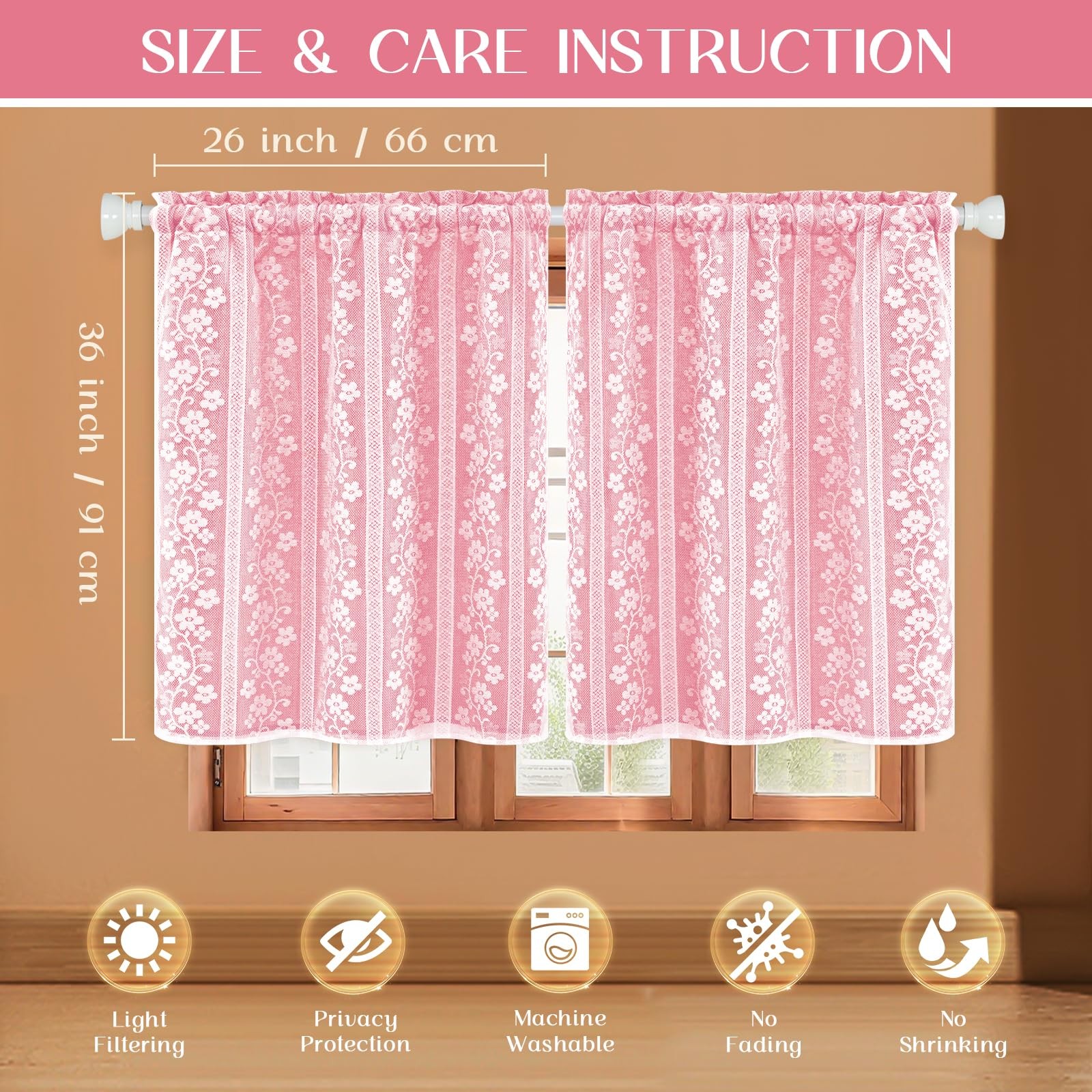Aspmiz Pink Kitchen Curtains Double Layer Curtains Linen Lace Linen Kitchen