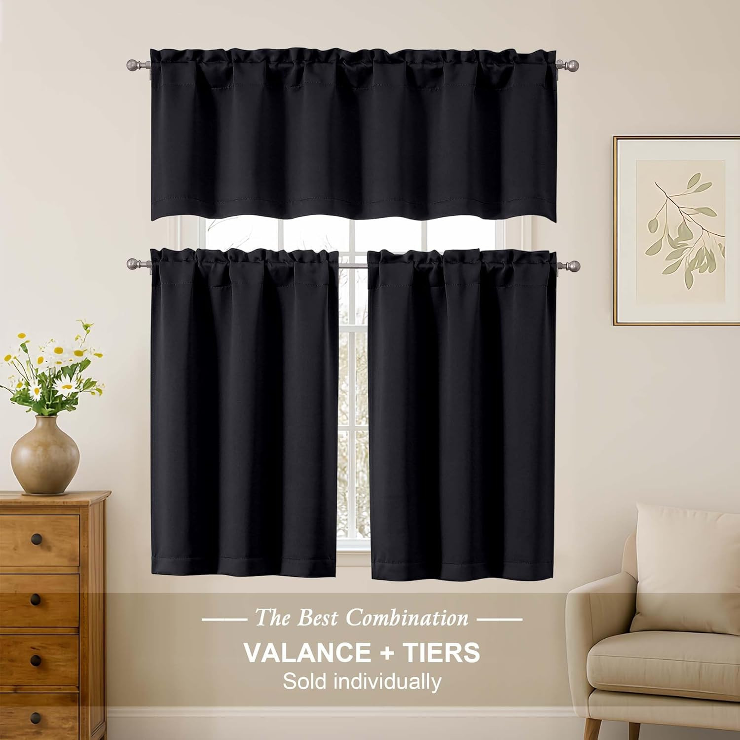 Black Blackout Curtains for Small Window Treatment, Light Blocking Short Kitchen