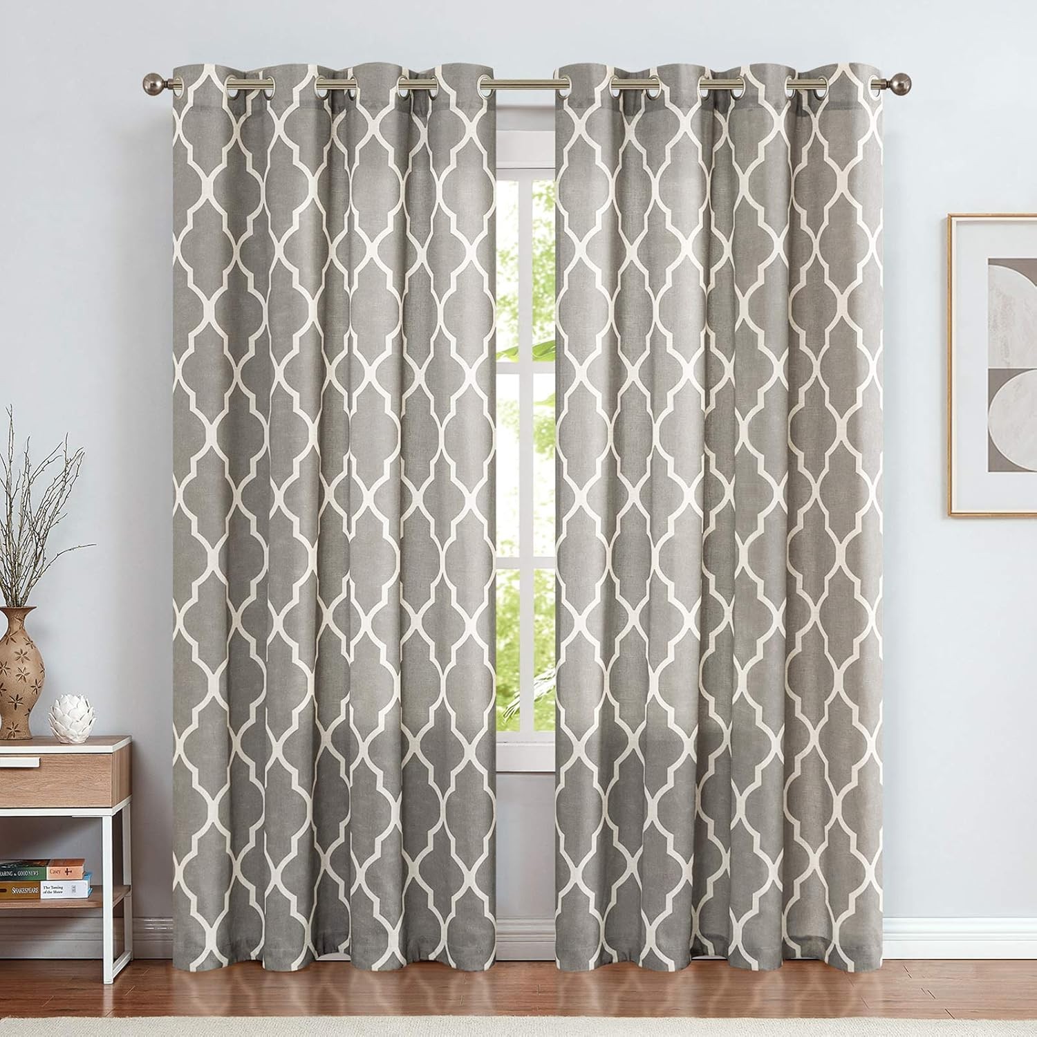Moroccan Tile Curtains Living Room 2 Panels Charcoal Gray Linen Light Filtering